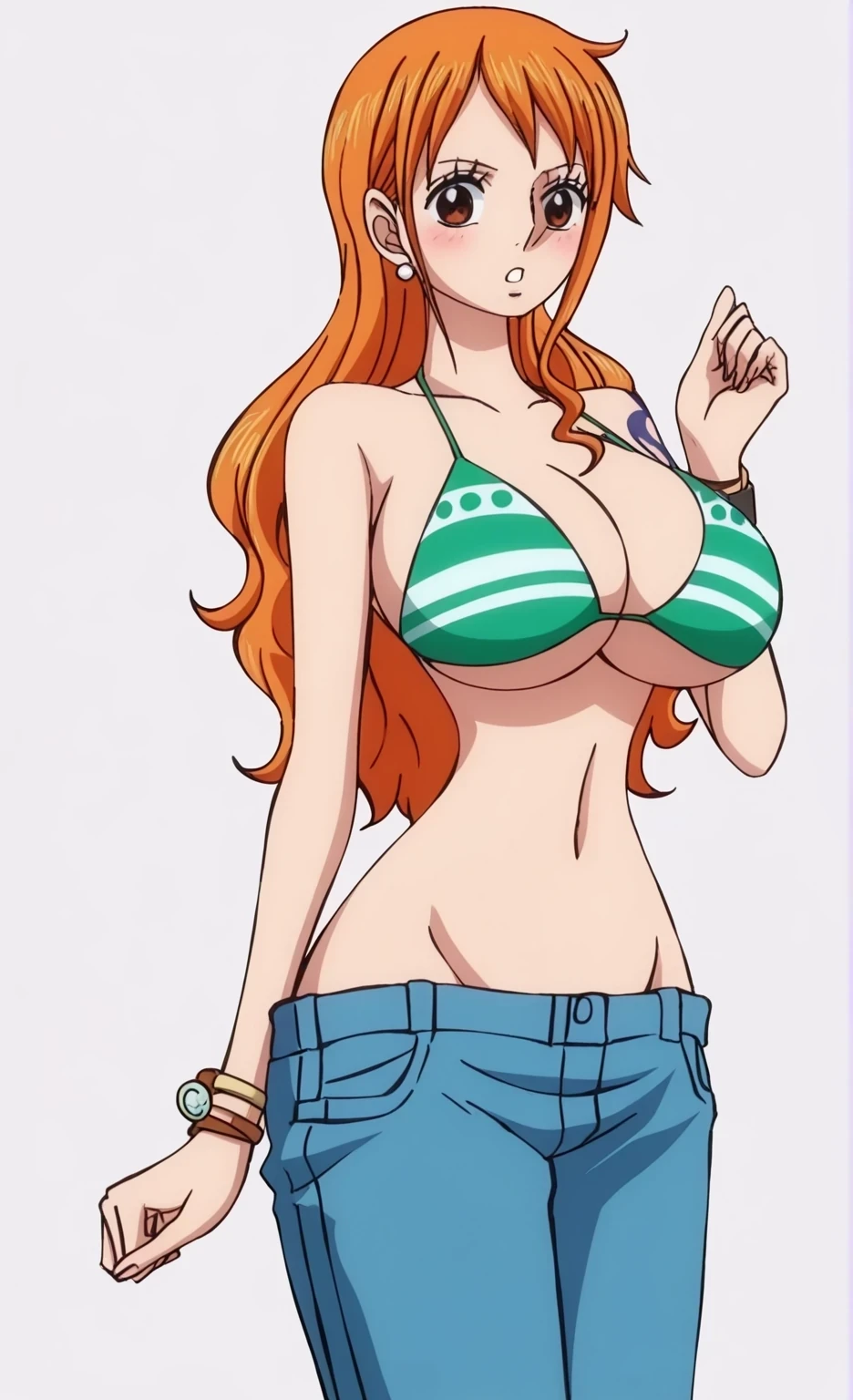 nami \(one piece\), wano country arc, jewelry, long hair, eyelashes, single sidelock, (narrow waist:0.85), eyelashes, (anime coloring:0.95), huge breasts,
striped bikini, green bikini, lowleg pants, bikini top only, underboob, sideboob, midriff, denim, groin,
cowboy shot, simple background, looking at viewer, blush, surprised, hand up, parted lips, , uncensored