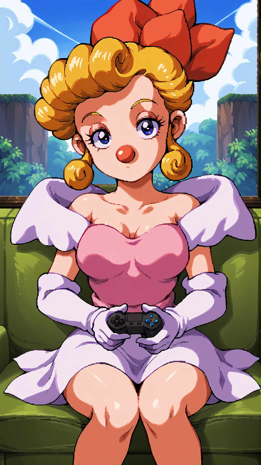 <lora:Kid_Klown_Princess_Honey:1> kk-princesshoney, blonde hair, clown nose, blonde hair, elbow gloves, pixel art, retro artstyle, no mouth, medium breasts, outdoors, sitting, controller, on couch, looking at viewer, indoors, living room,, score 9, score 8 up, score 7 up, score 6 up, score 5 up, score 4 up,