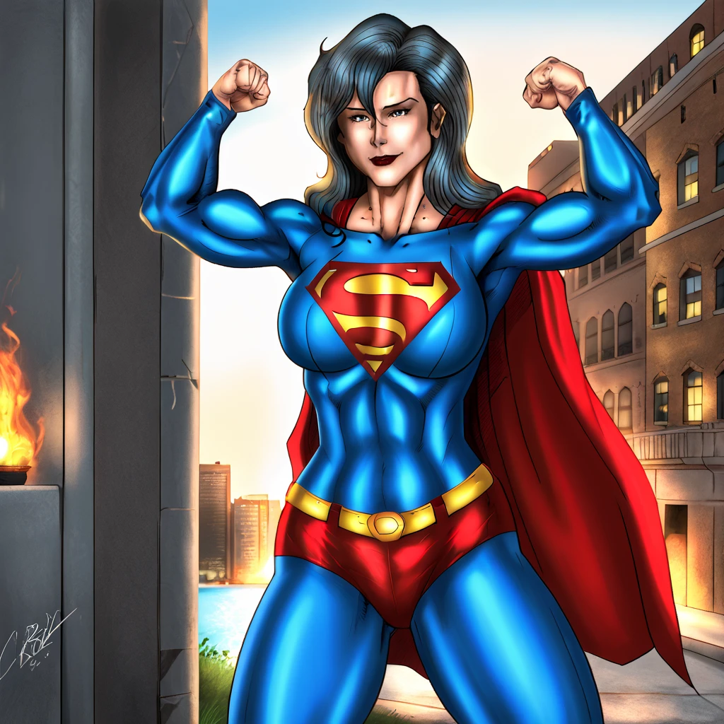 <lora:cesar_pony_v1:1> score_9, cesarbarrerajr93_style, cesarbarrerajr93, source_artwork <lora:superwomanfanart_pony_v1:0.8> Superwoman, 1girl, superhero, muscular female, breasts, bodysuit, belt, flexing, abs, hair between eyes, red cape, black long hair