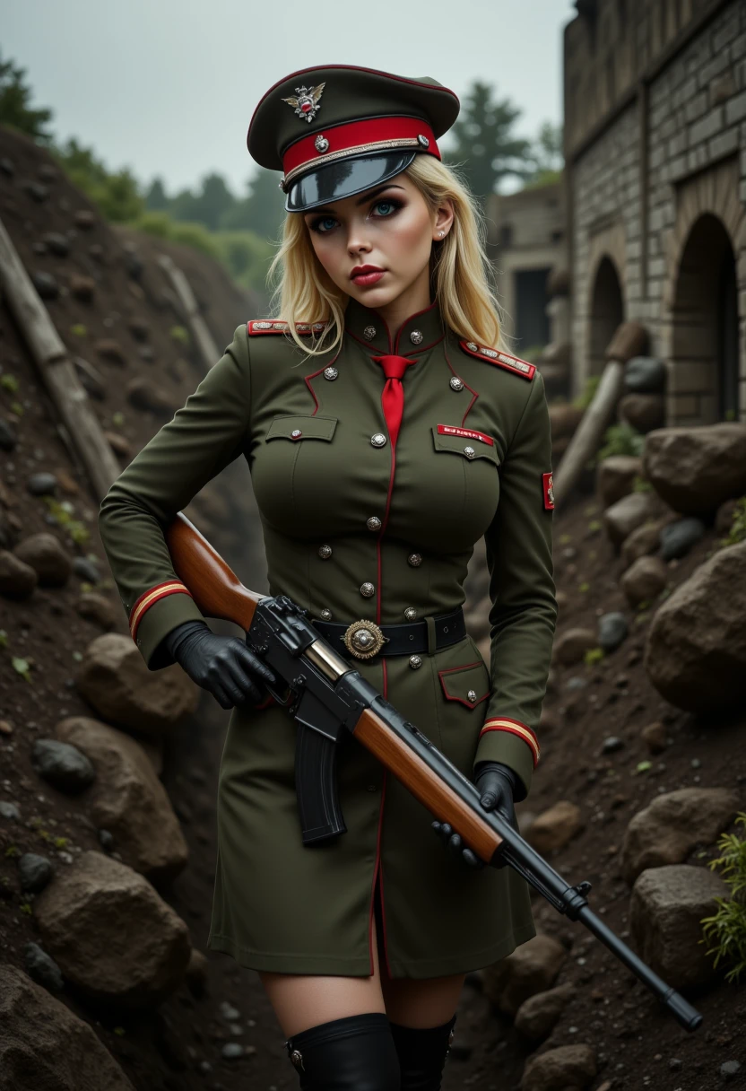 She is approximately 18 years old, petite, Full body view,dynamic angles, photoshoot poses, she has an evil smile, She has blonde hair, A photo of T@nya_TE a young woman,is dressed in a military uniform, black thigh highs, and black boots, with a hat and a tie. She is looking at the camera. The photo is in a black and white style, giving it a vintage feel. she is wearing a green jacket and a red tie, which adds a pop of color to the image. The background is blurred, focusing the viewer's attention on her uniform. She is holding a vintage ww2 rifle, she is in a trench, she is shooting at enemy soldiers. she is looking directly at the camera with a evil expression on her face. The overall mood of the image is intense and dramatic,RAW candid cinema,16mm,color graded portra 400 film,remarkable color,ultra realistic,textured skin,remarkable detailed pupils,realistic dull skin noise,visible skin detail,skin fuzz,dry skin,shot with cinematic camera,detailed skin texture,(blush:0.2),(goosebumps:0.3),subsurface scattering,beautiful photograph in the style of Augustus John,Sergio Toppi,Virginia Frances Sterrett,8k HD,detailed skin texture,ultra realistic,textured skin,analog raw photo,cinematic grain,whimsical.perfection style,aidmareduxstyle, aidmafluxpro1.1,aidmamj6.1