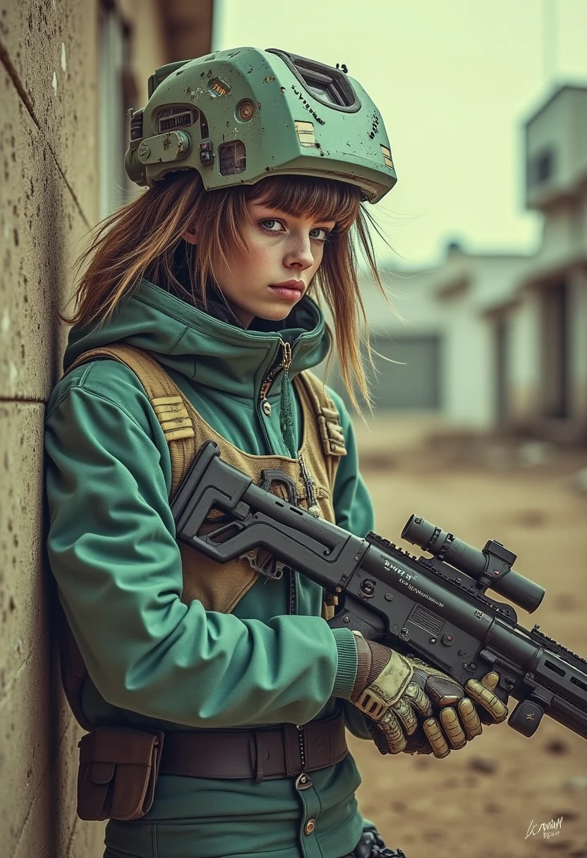 yfg-cehda nistyle, a female space pirate. long messy hair, bangs, sidelocks, battered teal power armour, holding an assault rifle, sheltering behind a wall during a battle in a ruined, dusty city