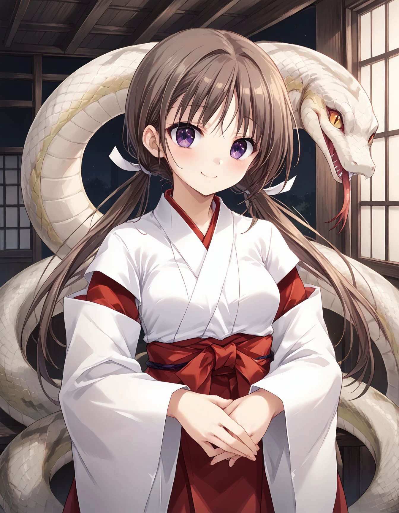 score_9, score_8_up, score_7_up, source_anime, <lora:add-detail-xl:1>, good , completely ,
BREAK 1girl, standing, smile, <lora:snake_charmer:0.4> snake charmer, in Shrines, precincts,
BREAK <lora:mahiru-shirotae_Sarasara_Sasara_Atelier_Kaguya:0.8> mahiru, brown hair, long hair, bluish-purple eyes, , low twintails. white ribbon,
BREAK miko, detached sleeves, wide sleeves, red hakama,