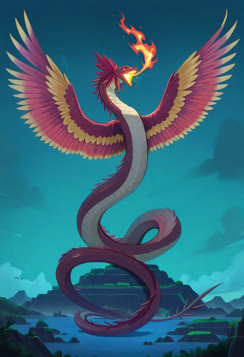 masterpiece, best quality, newest, absurdres, highres, anime, anime style, vintage anime, 90s anime, Coatl-IL-V1.0, Coatl, snake, serpent, winged snake, winged serpent, wings, feathered wings, feathers, fire, fire breath, red serpent, red scales, white feather
