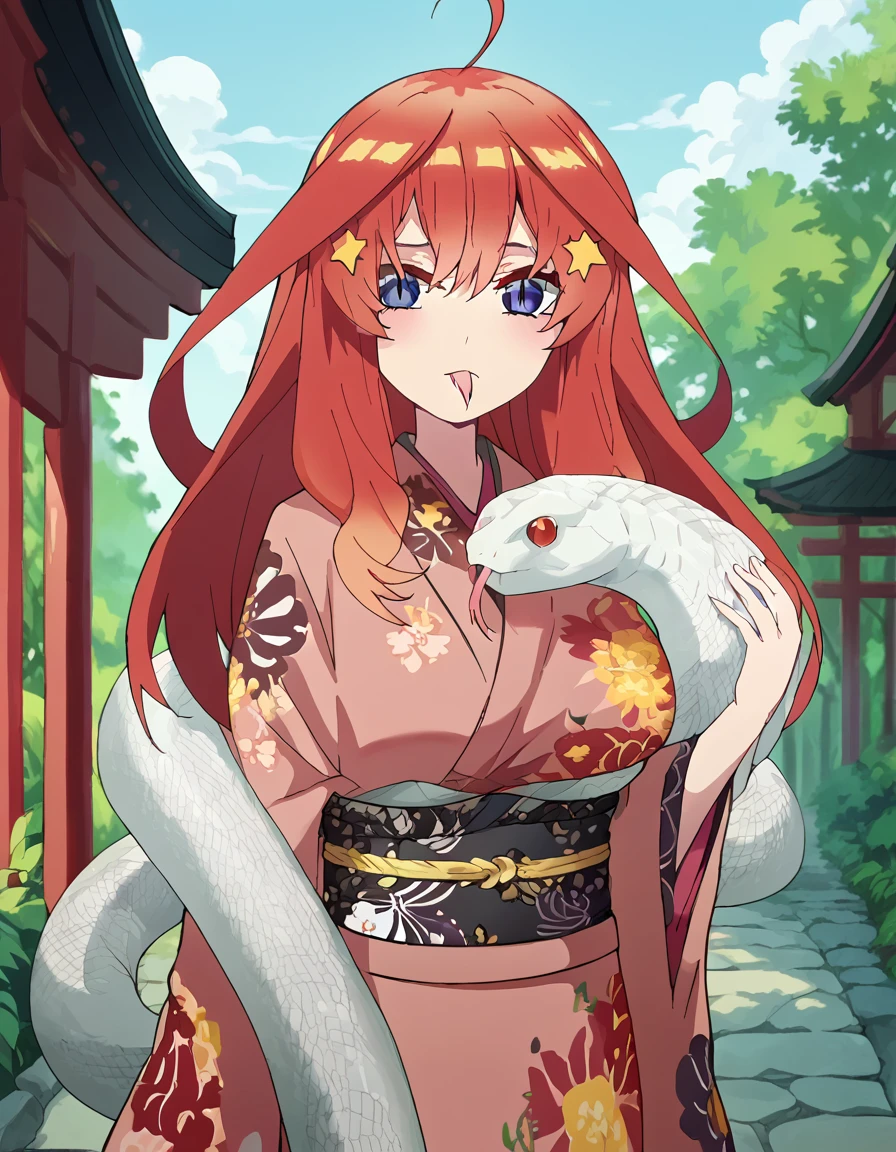 score_9, score_8_up, score_7_up, source_anime, <lora:itsuki-nakano-s2-ponyxl-lora-nochekaiser:1>, itsuki nakano, bangs, long hair, blue eyes, hair between eyes, ahoge, red hair, star (symbol), hair ornament, star hair ornament, large breasts, anime screencap, <lora:snake-wrapped-around-body-ponyxl-lora-nochekaiser:1> snake wrapped around body, animal, snake, holding, holding animal,, outdoors, shrine, long sleeves, japanese clothes, wide sleeves, kimono, sash, obi, floral print, print kimono, cowboy shot, looking at viewer, slit pupils, tongue, forked tongue,,