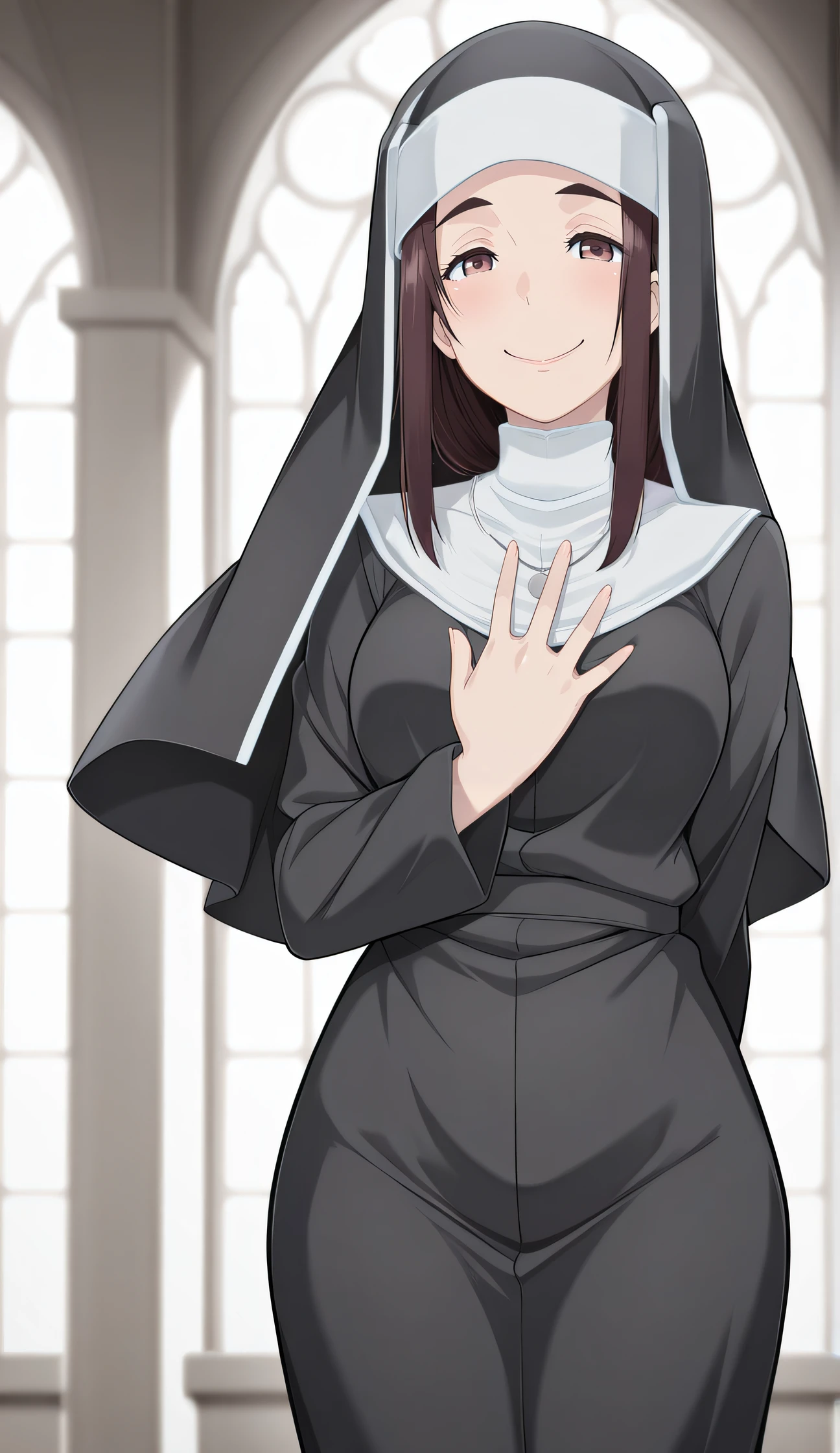 masterpiece, best quality, highres, newest, 1girl, solo, official style, anime screncap, <lora:IL_Hazama_Eri:1>, hazamaeri, nun, nun veil, looking at viewer, indoor, smile, cowboy shot, frontal view, hand on chest, five fingers