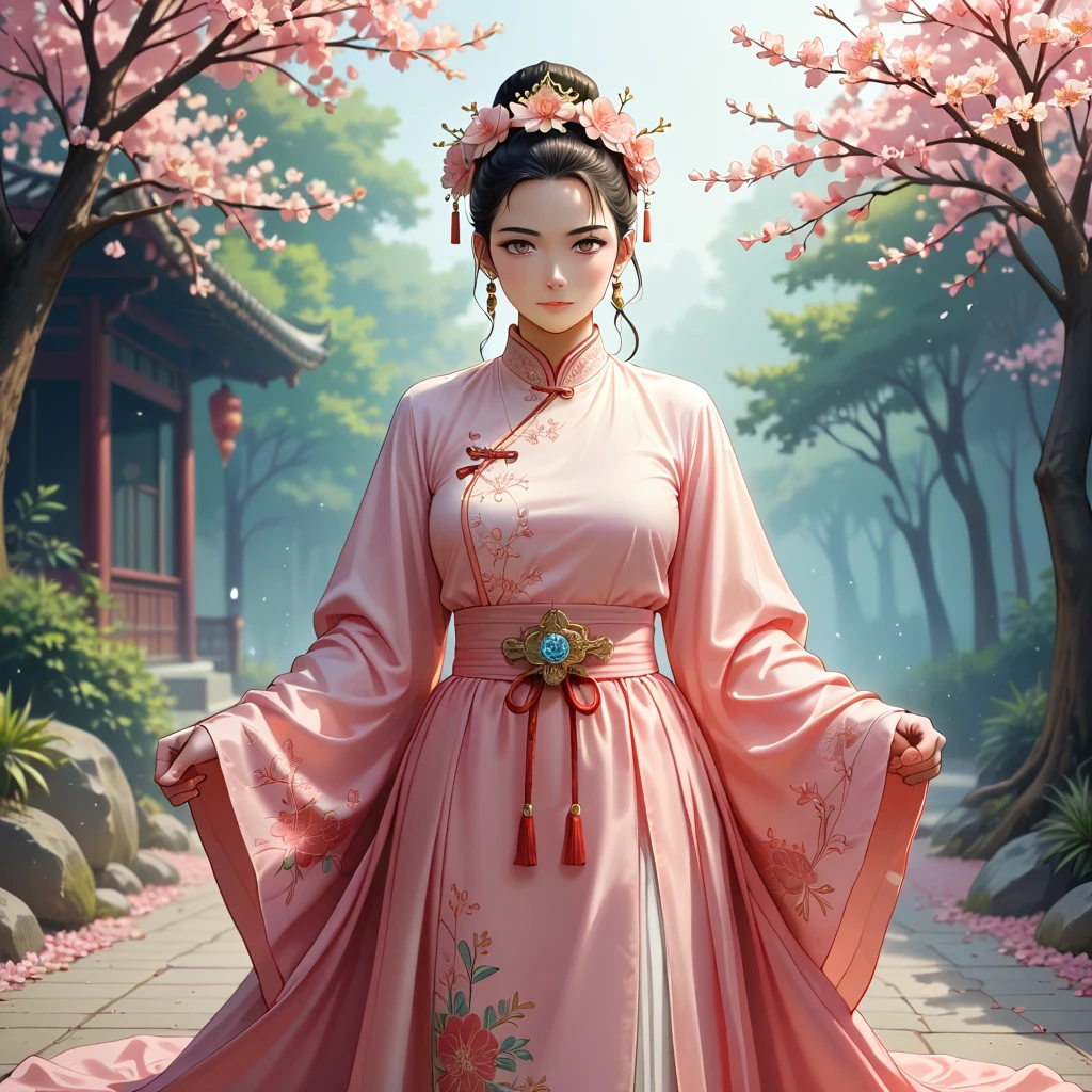 he image shows a young woman wearing a traditional Chinese Hanfu dress. The dress is long and flowing, with a high neckline and long sleeves. It is made of a fabric with intricate gold embroidery on the bodice and skirt. The skirt is also made of the same fabric and has a long train that flows down to the floor. The woman holding a snake in front of a red pagoda with a cherry blossom tree in the background. She is wearing a gold headpiece with a flower crown on her head and has her hair styled in an updo. The overall mood of the image is elegant and traditional., (HD, masterpiece, best quality, hyper detailed, ultra detailed, super realistic),amazing, traditional_chinese_clothes_sdxl-000008<lora:pony\mine\traditional_chinese_clothes_sdxl-000008.safetensors:0.6:0.6>