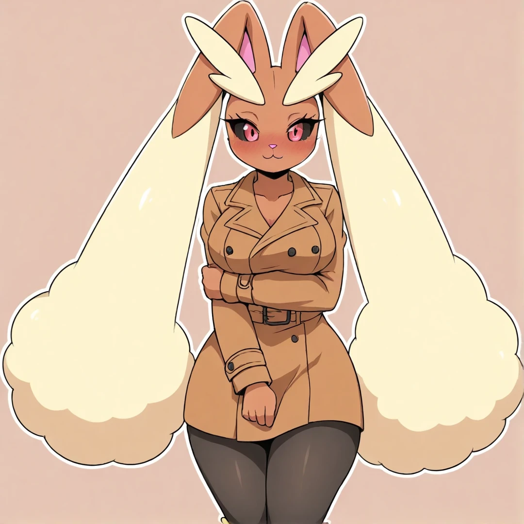 lopunny-waifu, bipedal, resembles a rabbit, brown coat, small round tail, lopped ears, tips of those ears are long, cream-colored fluffy fur, cream-colored fur around the wrists, lower legs and above its red eyes, black marking around eyes, above the eyes are two long, cream-colored furry extensions, resembling large eyebrows, her thighs and hips are thick, she has enourmous breasts, a big bubble butt, and a cute face