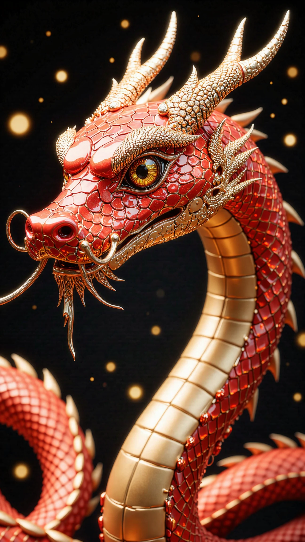 RedCraft. This is a highly detailed CGI rendering of a snake, specifically a dragon, depicted in a stylized, ornate manner. The snake's body is predominantly red with intricate, gold scales that shimmer and reflect light, giving it a luxurious, almost jewel-**** appearance. The scales are meticulously detailed, each one outlined in thin, golden lines that create a pattern reminiscent of a dragon's scales. The snake's head is elongated, with piercing, almond-shaped yellow eyes that give it a fierce and alert expression. The eyes are detailed with subtle, almost imperceptible lines that enhance their depth and intensity.