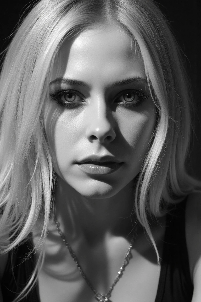 black and white portrait inspired by Peter Lindbergh's photographic style of avrilflx, a blonde woman with black eyeliner looking directly into the camera with an intimate and deep expression.