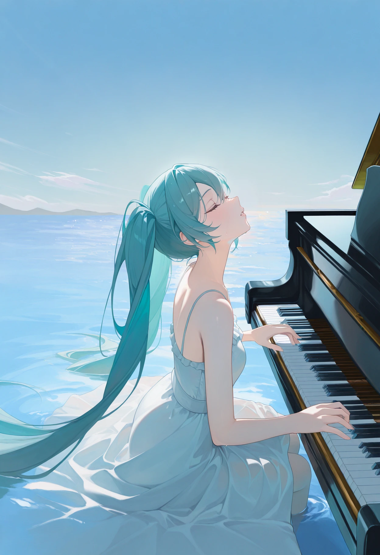 masterpiece, best quality, absurdres, highres, newest, 1girl, solo, <lora:grandpiano-concept-richy-v1_ixl:1> grand piano, sitting, playing piano, hatsune miku, closed eyes, parted lips, looking to the side, looking up, partially submerged, blue sky, blue water, still life,