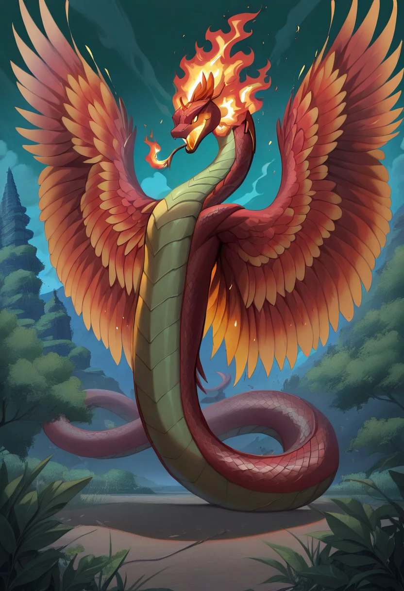 masterpiece, best quality, newest, absurdres, highres, anime, anime style, vintage anime, 90s anime, Coatl-IL-V1.0,  Coatl, snake, serpent, winged snake, winged serpent, wings, feathered wings, feathers, fire, fire breath, red serpent, red scales, white feather
