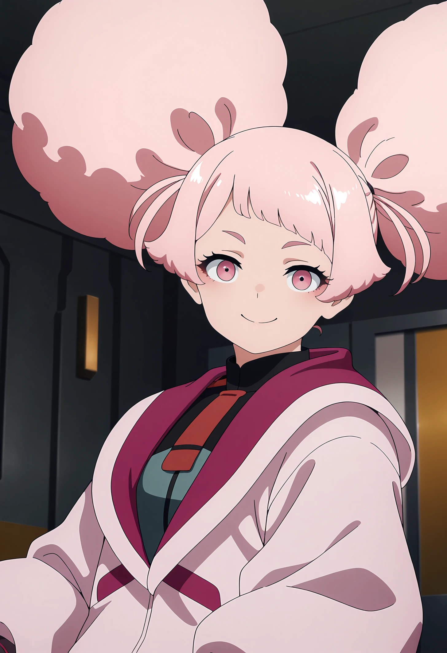 very aesthetic, high definition, amazing quality, masterpiece, best quality, highres, absurdres, sensitive, newest, anime screenshot, screencap,anime coloring,
1girl, solo, bangs, pink hair, pink eyes, hair bun, double bun, shirt, school uniform, jacket, pink jacket, asticassia school uniform, <lora:illustriousXL chuchu V1:1>
indoors,upper body, 
looking at viewer, smile,
