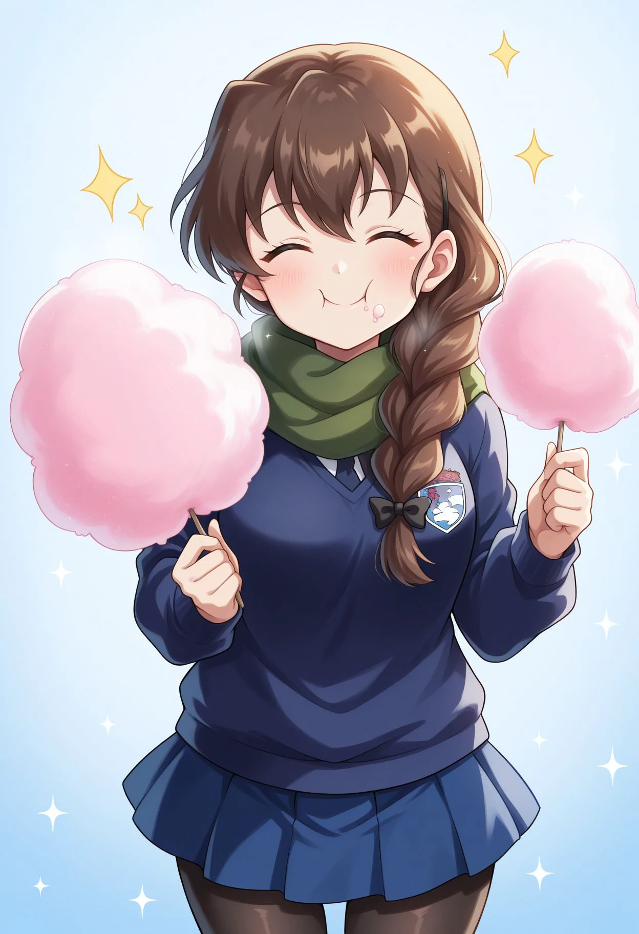 masterpiece, best quality,
<lora:Rukuriri illu:0.7>,1girl, st. gloriana's school uniform, black pantyhose, single braid, blue sweater, blue skirt, food on face, green scarf, brown hair, closed eyes, long hair, eating, long sleeves, closed mouth, miniskirt, pleated skirt, cowboy shot, shirt, standing, smile, :t, braided ponytail, hair ribbon, blue background, blush, facing viewer, , hair over shoulder, black ribbon,
<lora:DaHappyToServeILXL:0.8> dafoodie, sparkling food focus, sparkle, natural lighting, food focus, holding cotton candy, outdoors, happy, looking at viewer
