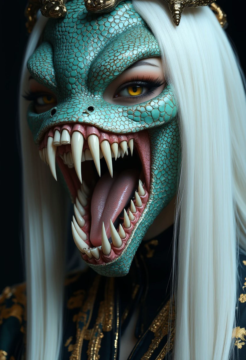 The image is a highly detailed, photorealistic CGI artwork showcasing a close-up view of a person's face, with a fantastical, mythical appearance. The subject is a woman with long, flowing white hair cascading down her back. Her face is adorned with a detailed, intricate snake mask that resembles a snake or serpent, featuring a scaly, turquoise and white pattern. The snake mask extends from her forehead to her chin, covering her eyes and mouth, with a menacing, toothy grin revealing sharp, white teeth with fangs.
Her eyes are a piercing golden yellow, giving her a fierce, otherworldly gaze.