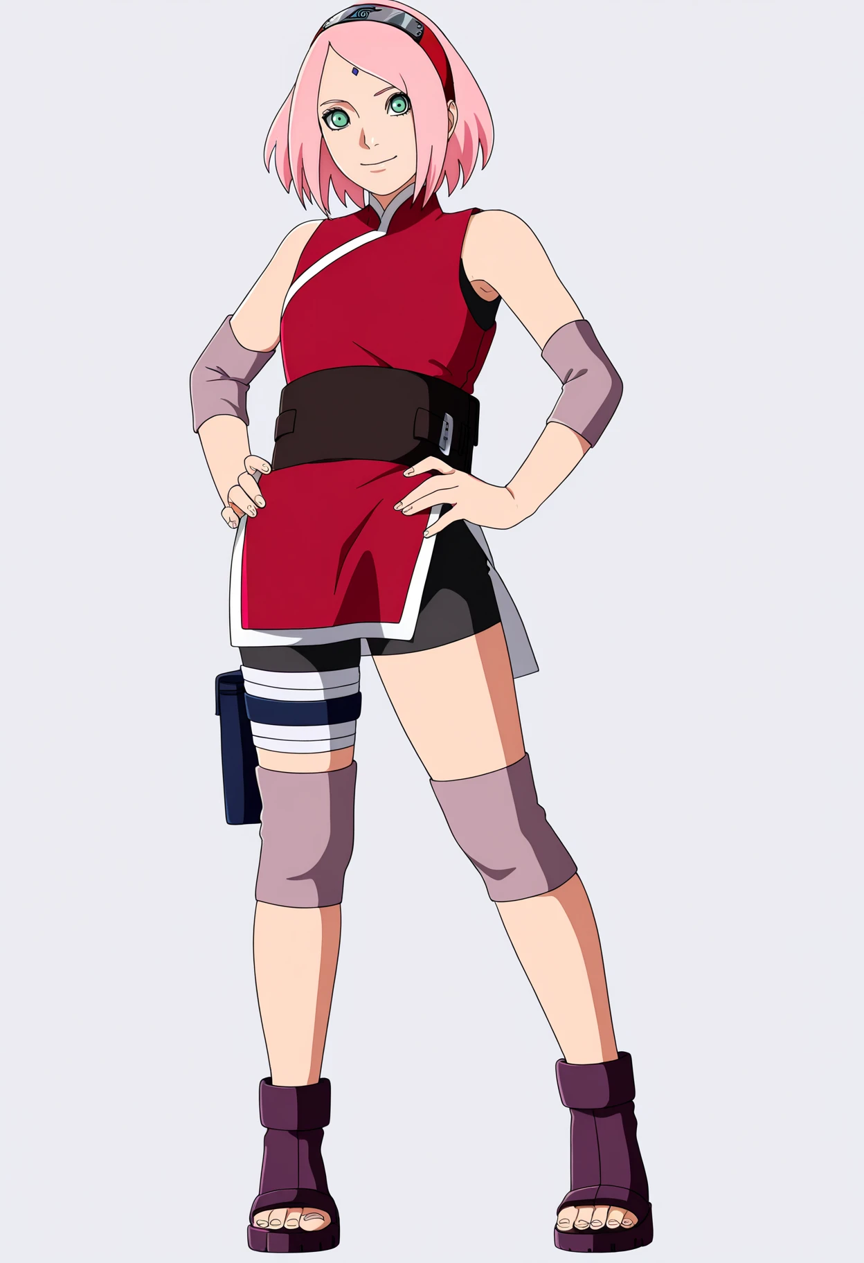 masterpiece, best quality, very aesthetic, absurdres,
1girl, haruno sakura, pink hair, short hair, green eyes, hairband,
forehead mark, sleeveless shirt, bike shorts, toeless boots,
hands on hips, full body, standing,
smile, solo, looking at viewer, simple background, white background, <lora:SakuraTheLastNoobXL_byKonan:1>