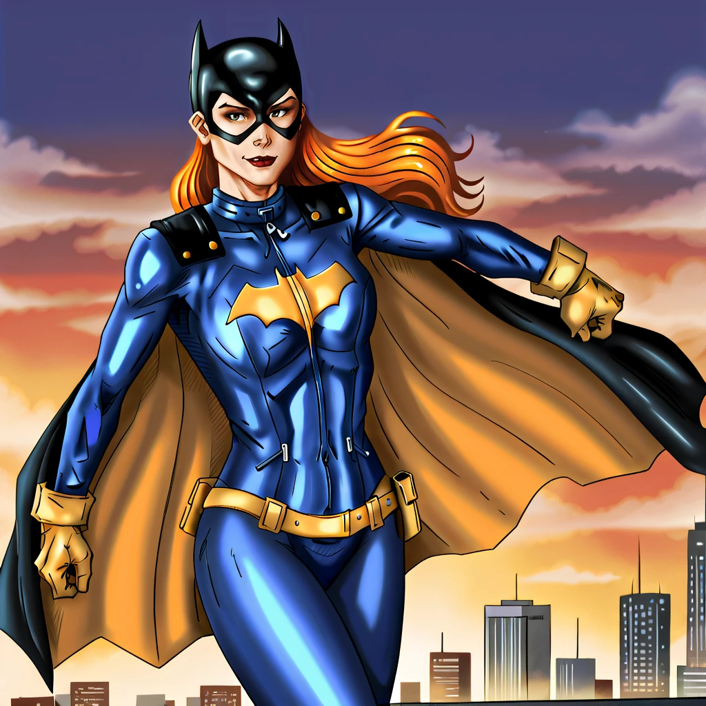 <lora:cesar_pony_v1:1> score_9, cesarbarrerajr93_style, cesarbarrerajr93, source_artwork <lora:batgirlburnside_pony_v1:0.7> BatgirlBurnside, 1girl, cape, domino mask, bodysuit, gloves, superhero, orange hair, cowboy shot