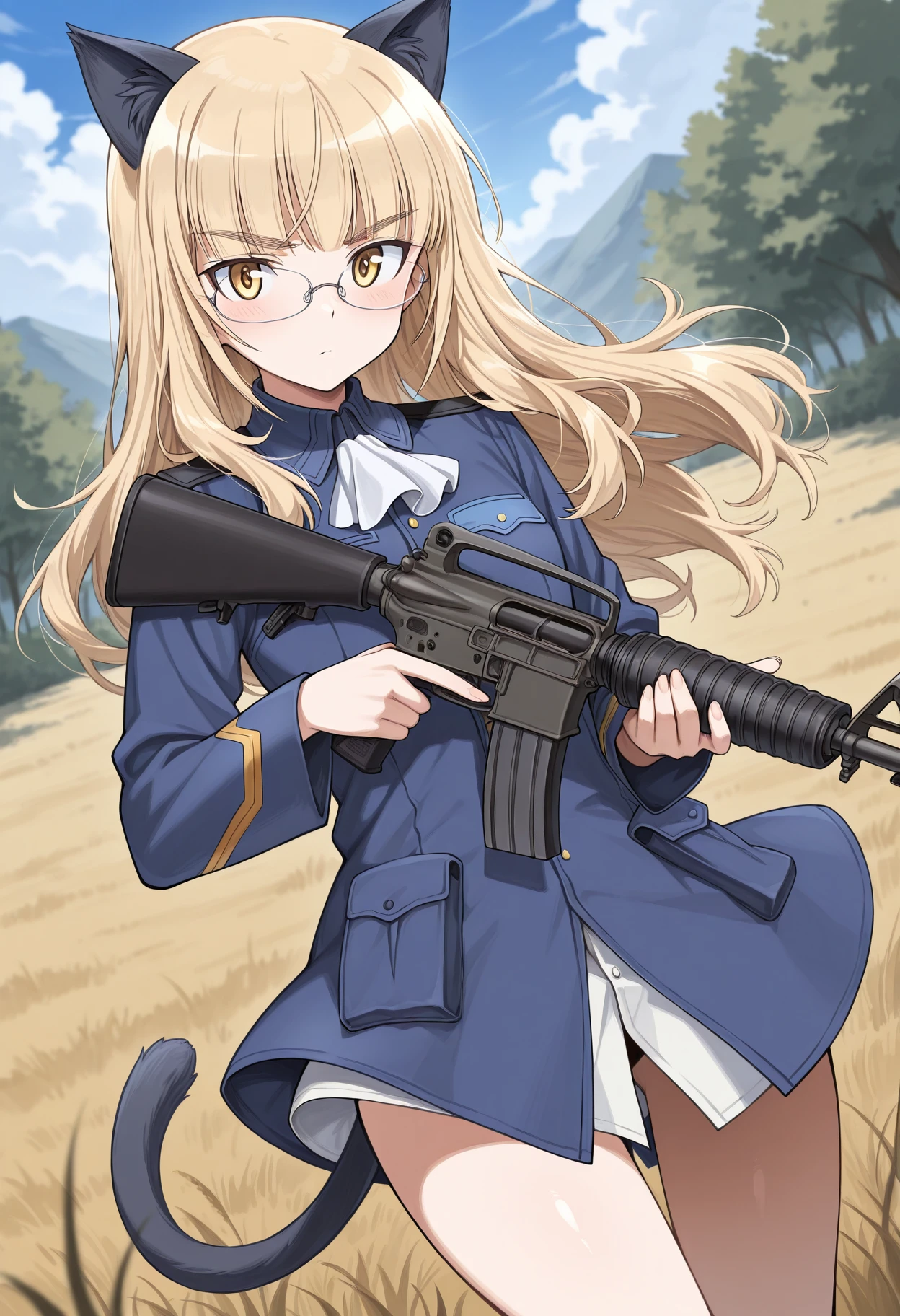 masterpiece, absurdres, highres, newest, 1girl, c-m16, holding m16, perrine h. clostermann, world witches series, 1girl, cat girl, cat ears, cat tail, yellow eyes, glasses, long hair, blonde hair, military uniform, looking at viewer, outdoors, depth of field, dutch angle,