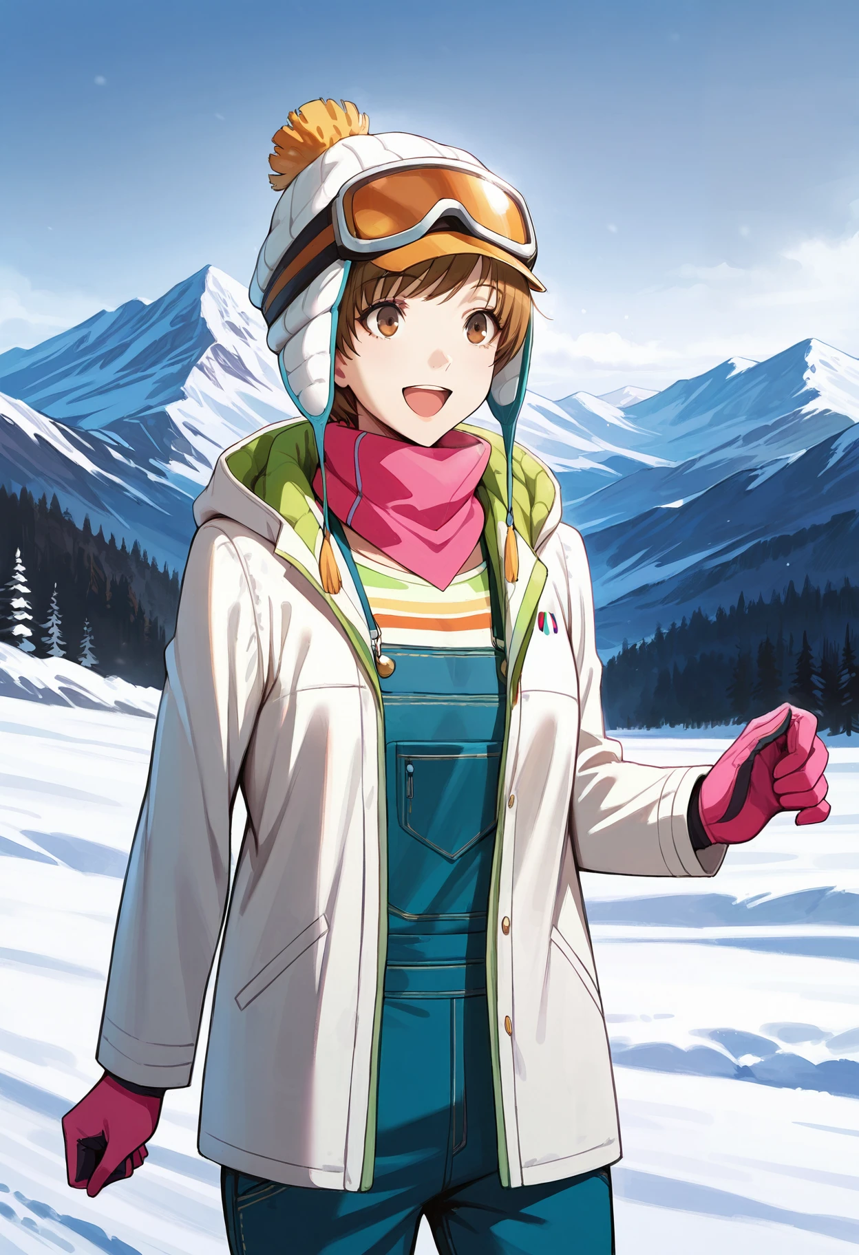 (masterwork, masterpiece, best quality, hyper-detailed :1.3),
1 girl, solo, cute face,
p4chie, satonaka chie, short hair, brown hair
p4chie-ski, hat, goggles, goggles on head, scarf, pink scarf, green and white coat, hood, gloves, pink gloves, overalls,
outside, snowy, mountain, ski lift, cowboy shot, happy, excited