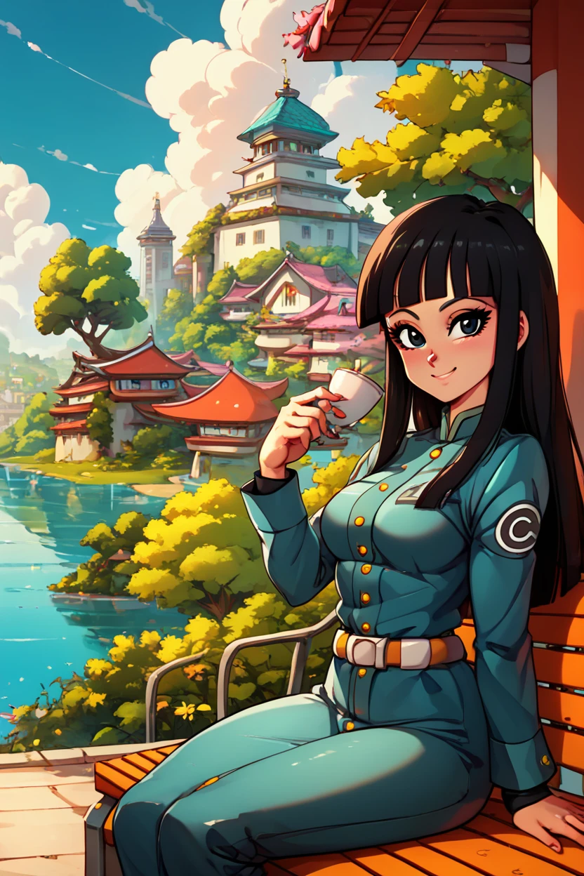 score_9, score_8_up, score_8, medium breasts, (curvy), cute, eyelashes, ,,, , ,,, zzMai, long hair, black hair, black eyes, blunt bangs, military uniform, belt, <lora:FutureMai_DragonBall_PDXL:1.0>, ,,,, BREAK, sitting on bench, side view, smile, looking at viewer, cowboy shot, ,,, BREAK, pnkBldng, sky, day, cloud, tree, blue sky, building, architecture, east asian architecture, ,,, BREAK, embedding:zPDXL, Expressiveh, ,,, <lora:PinkBuildingsPDXL_v2:0.6>, <lora:SDXLFaeTastic2400:0.5>, <lora:Expressive_H-000001:0.4>