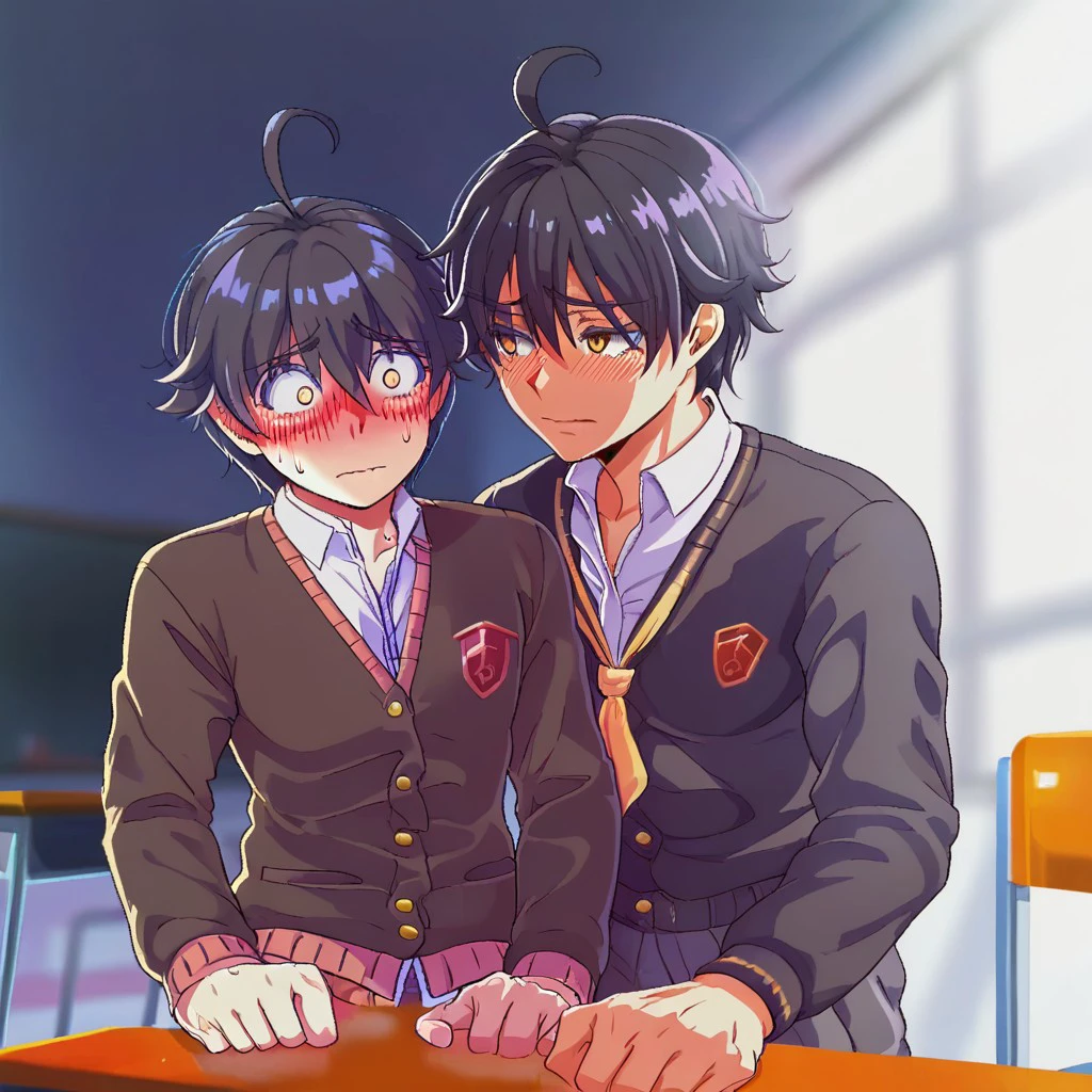 1 boy, dark hair, ahoge, school uniform, shy