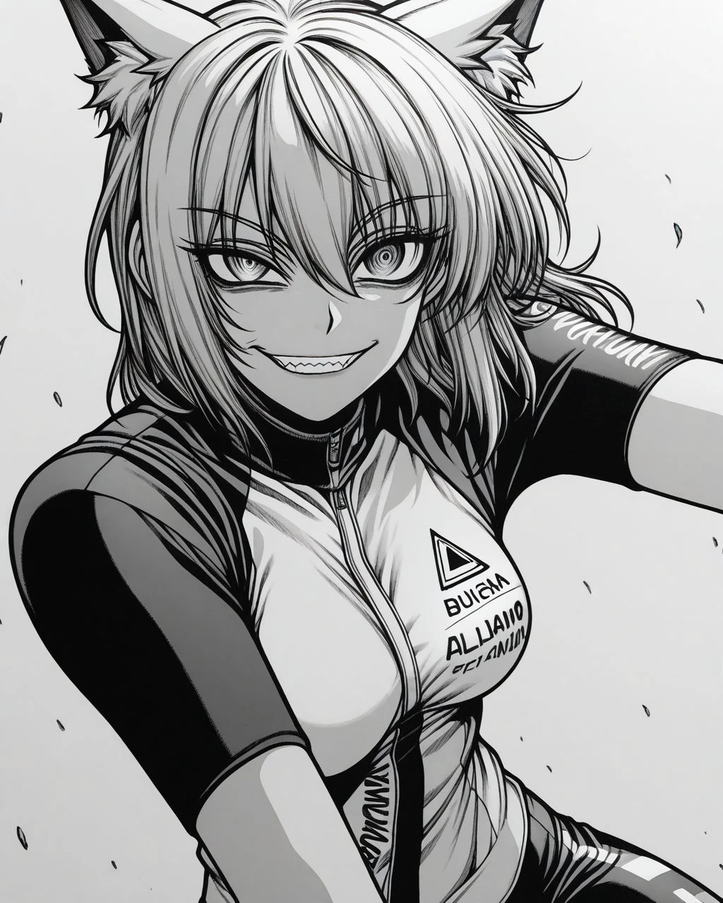masterpiece, greyscale, monochrome,
evil smile,evil grin,crazy eyes, dynamic pose,close-up,
1girl, shiroko \(cycling\) \(blue archive\), <lora:HELLSING_illustrious_v1-000020:1>