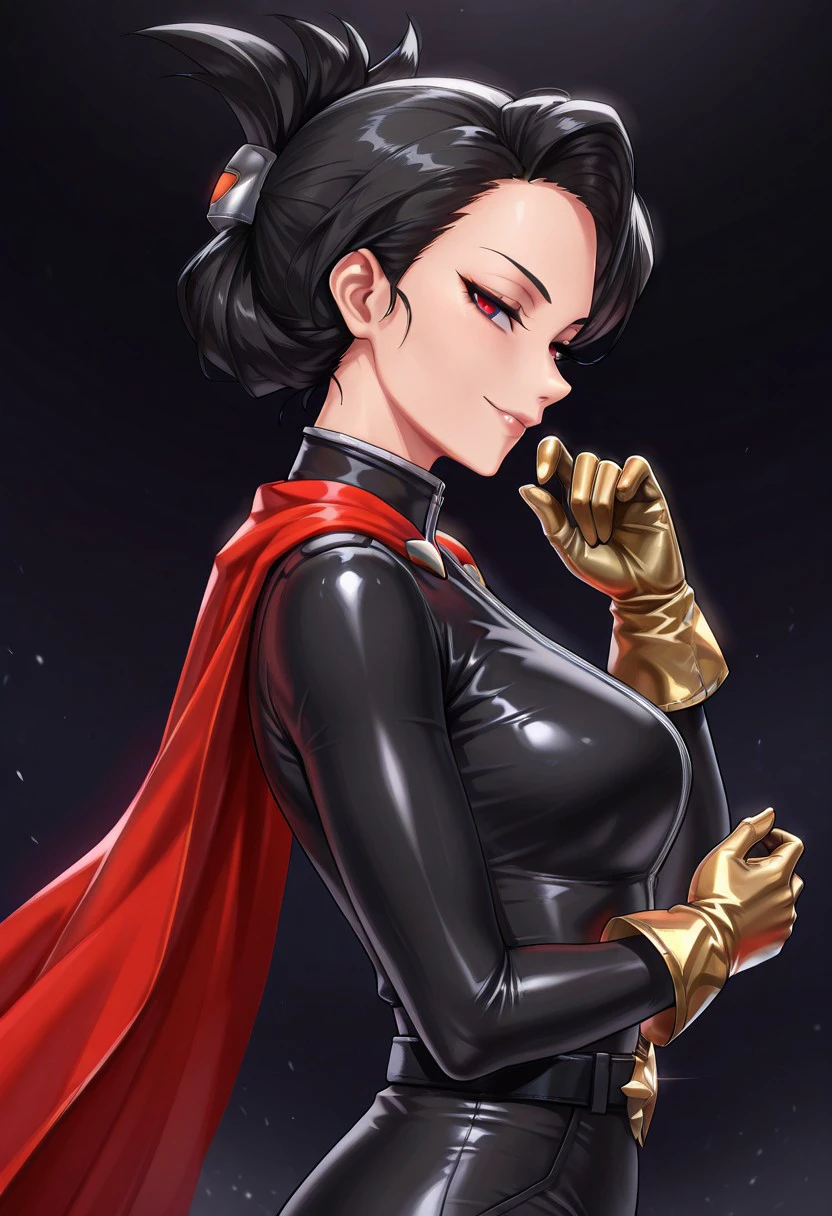 absurdres, 4k res, high quality, score_7_and_above, 1girl, solo, masterpiece, Dtamer, hair bun, black spandex, gold gloves, red cape, belt, portrait, seductive smile, highly detailed, side view, looking at viewer, good eyes