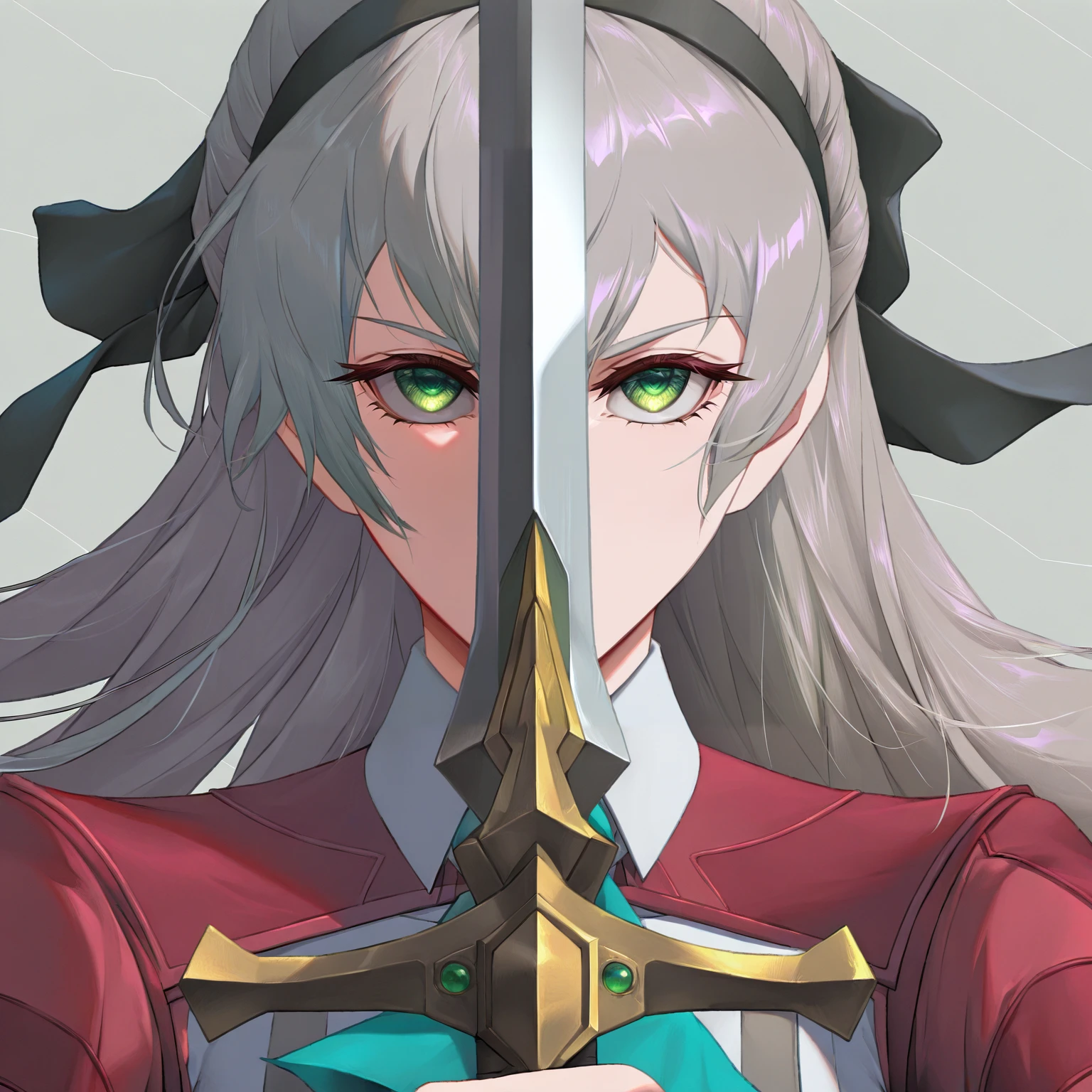 masterpiece, best quality, absurdres, highres, newest, 1girl, solo, <lora:swordsalute-pose-richy-v1_ixl:1> swordup, looking at viewer, close-up, holding sword, <lora:elie-illu-nvwls-v1:1> zrelie, grey hair, long hair, half updo, green eyes, black hairband, hair ribbon, white and red uniform, white dress, aqua ascot, shine