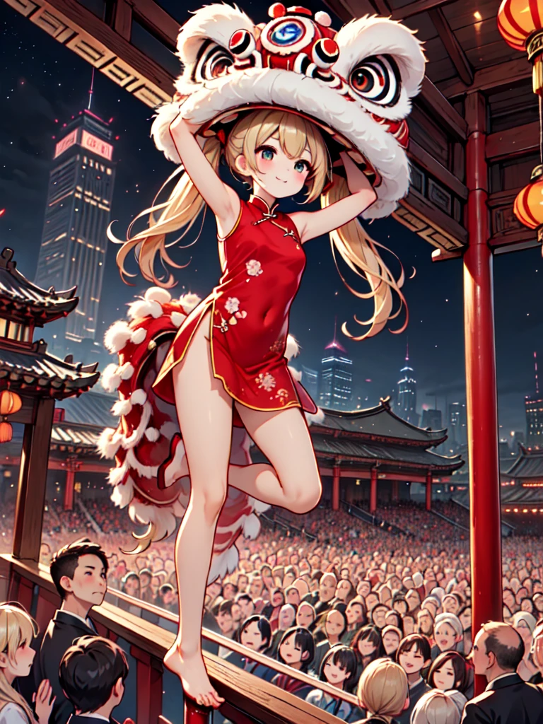 ((lion dance)), ((lifting person)), wooden pole, stepping on poles, arms up, leg up, 1girl, smile, petite, blonde hair, twintails, long hair, red qipao, sleeveless dress, bare legs, sky, crowd, people, audience, cityscape, temple, chinese new year, east asian architecture, from side, aerial fireworks, night, from above, jumping, facing viewer, front view, pov, <lora:girllikeliondance:0.6>