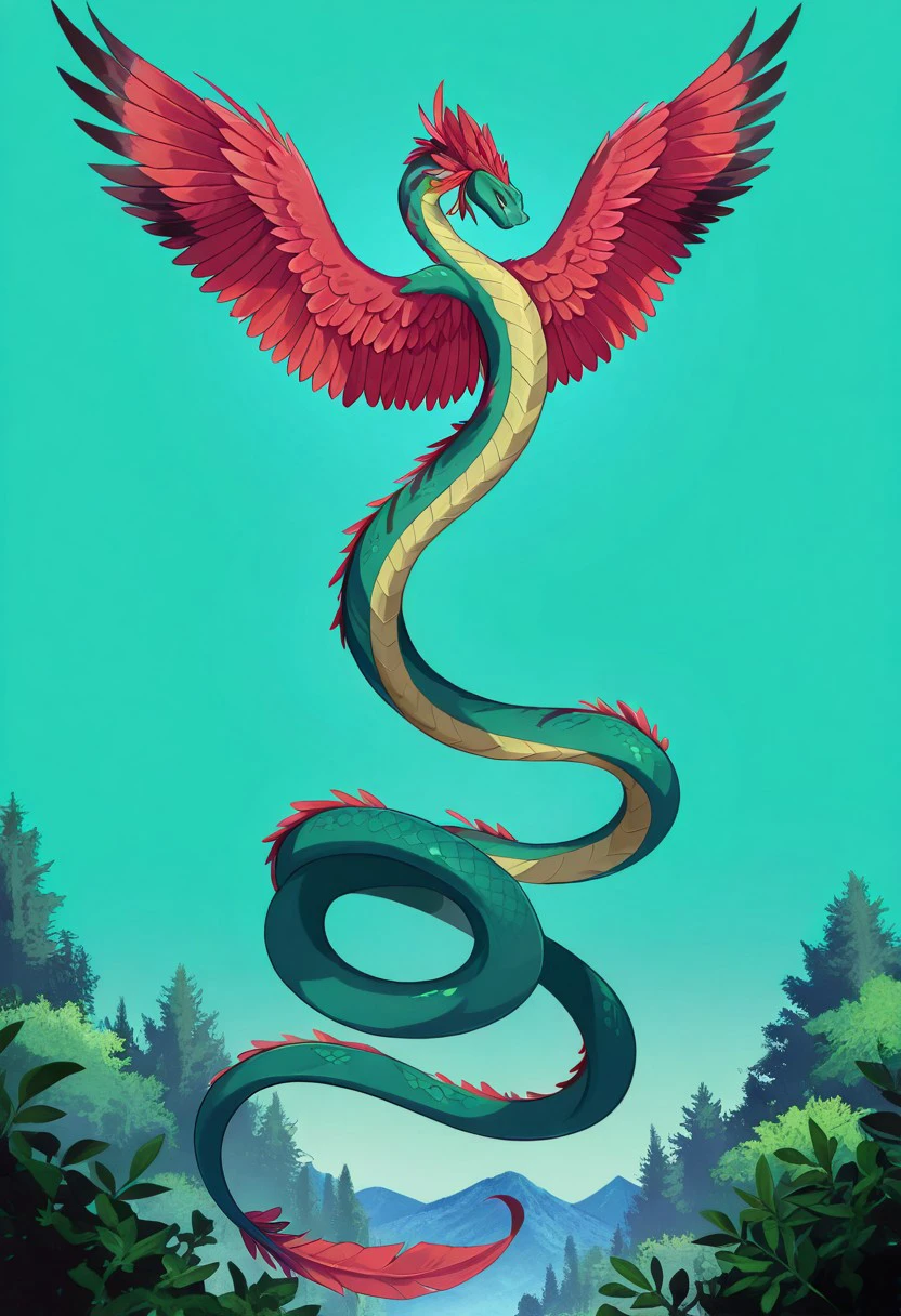 masterpiece, best quality, newest, absurdres, highres, anime, anime style, no humans, monster, Coatl-IL-V1.0, Coatl, snake, serpent, winged snake, winged serpent, wings, feathered wings, feathers, green snake, green scales, red feathers, red wings