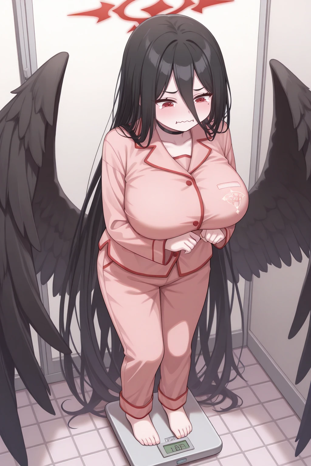 score_9, score_8_up, score_7_up, source_anime, expressive, anime, cartoon, speedlines, dynamic, hearts, 1girl, wide hips, makeup, , nude,naked skindentation, , sweat,  prison, smug, , long hair, Tsurugi (black hair, hime cut, antenna hair, long hair, halo, bloody halo, red eyes, eyeshadow, black wings, low wings, wings from lower back, thorny wings, featherless wings, neck tattoo,), , mugshot style, crazy love, embarrassed, blush, nose blush, arm bra, covering pussy, covering breasts