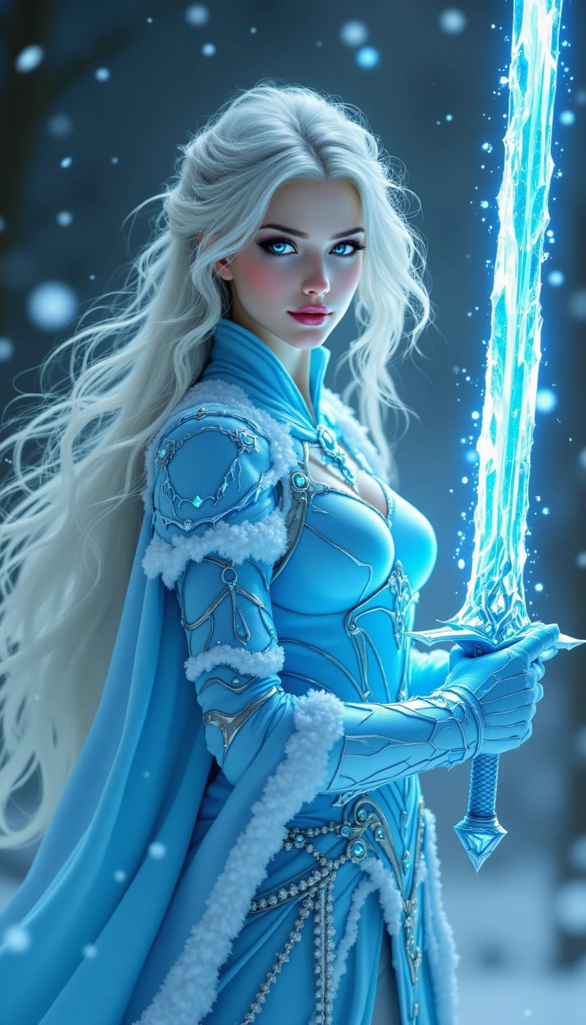 pinkfluxproultrafantasia, 
 A woman with icy blue armor, holding a sword made of pure ice. Her breath turns to mist as snowflakes swirl around her.