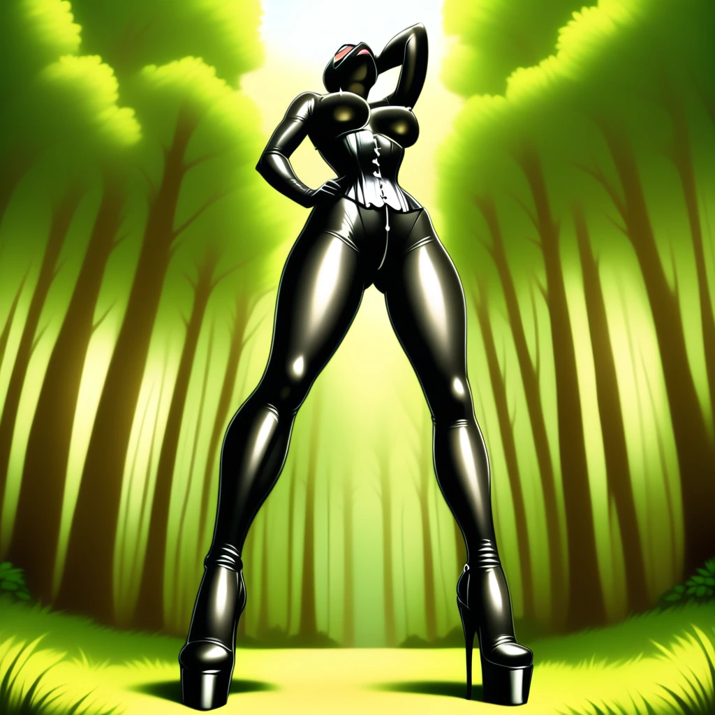digital art, cartoon, full body, low angle, high heels, black latex catsuit, latex breasts, black latex corset, black latex mask, in a forest