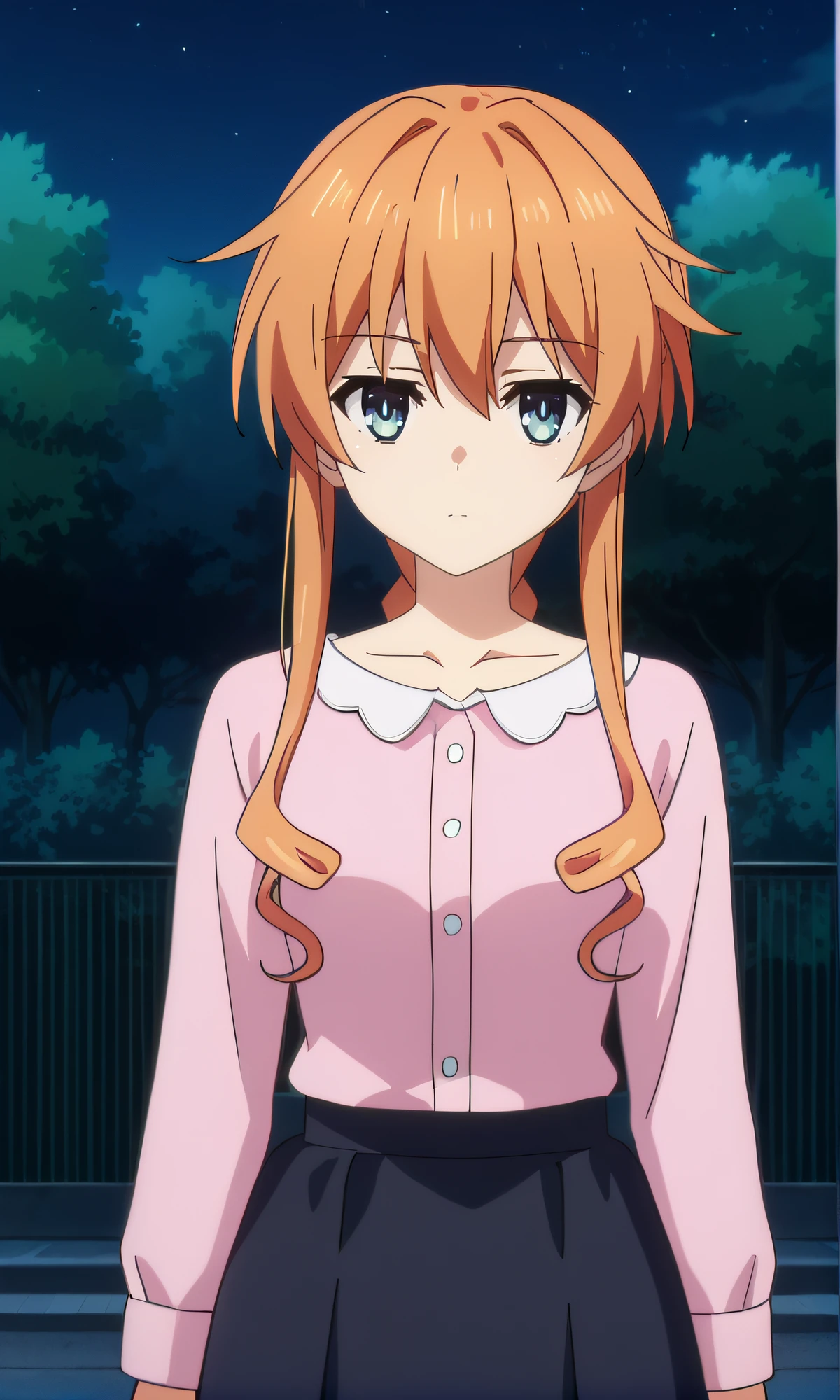 score_9, score_8_up, score_7_up, source_anime, rating_safe, intricate details, anime screencap, official style, anime coloring, 1girl, solo, <lora:Yamai_Yuzuru:1>, yuzuru, orange hair, blue eyes, braid, expressionless, pink collared shirt, long sleeves, collarbone, black skirt, long skirt, looking at viewer, outdoor, cowboy shot, night, park