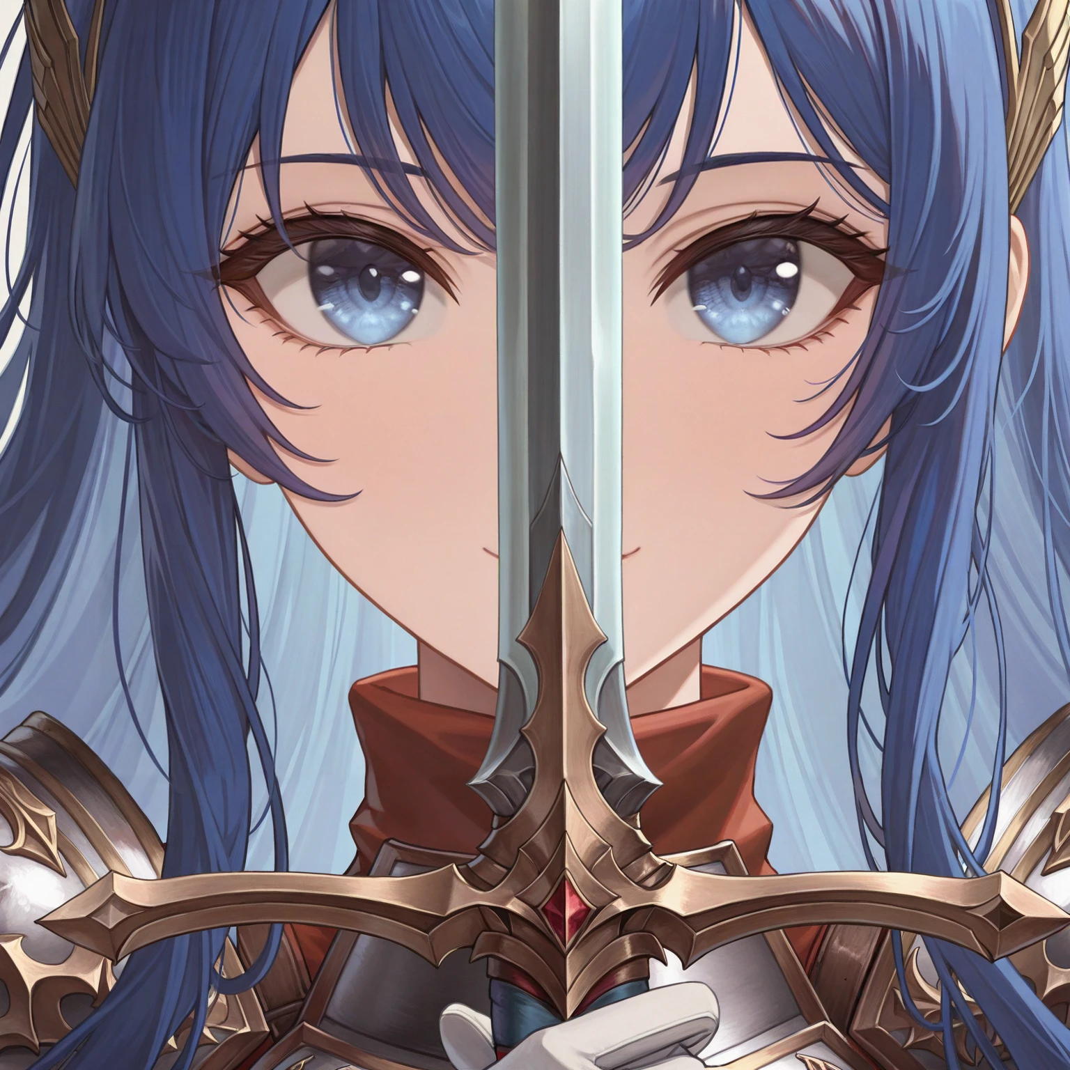 masterpiece, best quality, absurdres, highres, newest, 1girl, solo, <lora:swordsalute-pose-richy-v1_ixl:1> swordup, looking at viewer, close-up, <lora:caeda-fe-richy-v1_ixl:1> caedadef, blue eyes, blue hair, long hair, bangs, turtleneck, red shirt, shoulder armor, pauldrons, breastplate, white gloves, elbow gloves, smile, turtleneck,