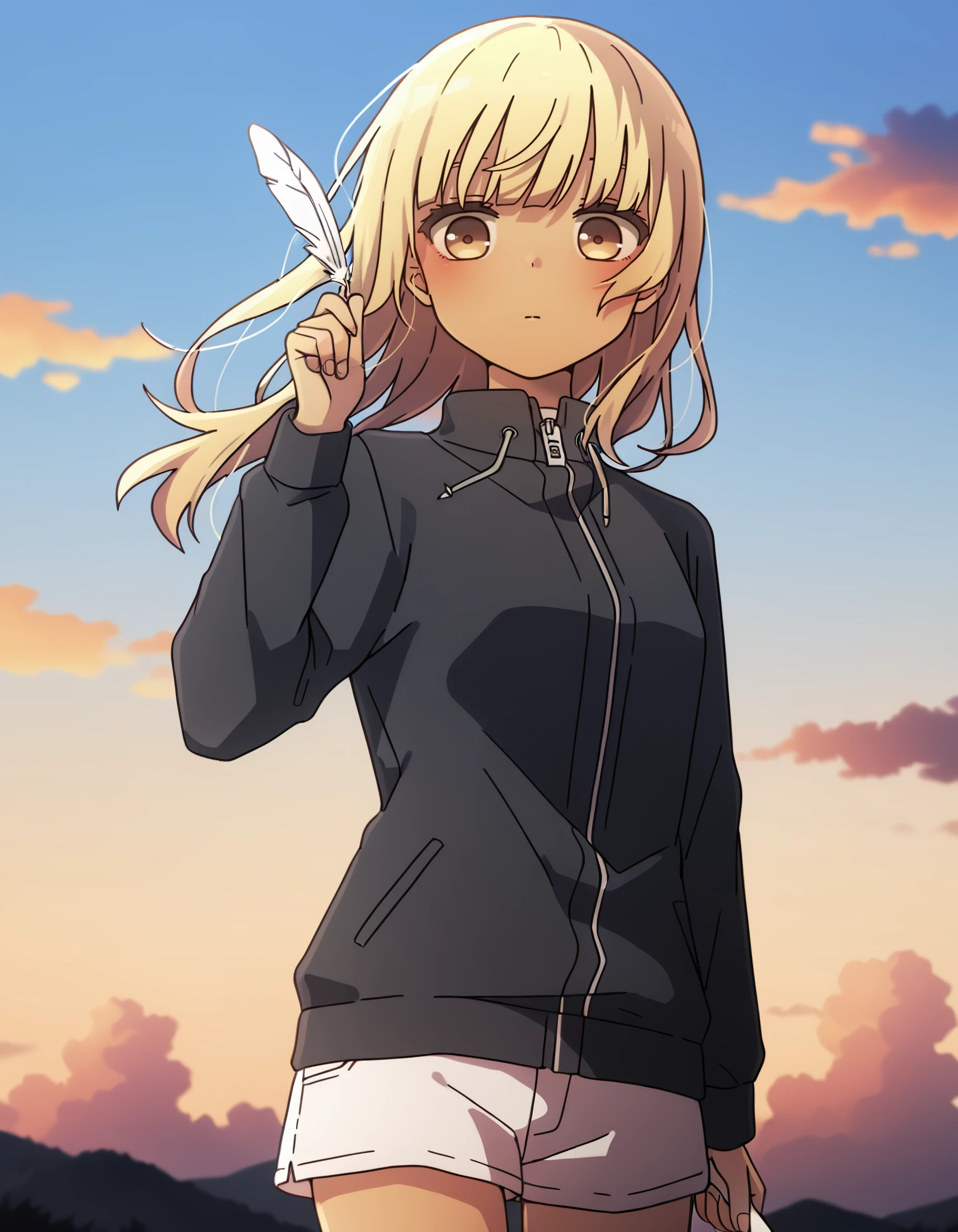 <lora:kana_higa_IL:1> rating:safe, kana_higa, long_hair, blonde_hair, yellow_eyes, brown_eyes, dark-skinned_female, black_jacket, zipper, white_shorts, short_shorts, 1girl, cloud, dusk, feathers, full_body, holding, holding_feather, looking_at_viewer, sky, snake, solo, twilight, (tsuruse:1.0), (2000s_\(style\)),, masterpiece, detailed, best_quality