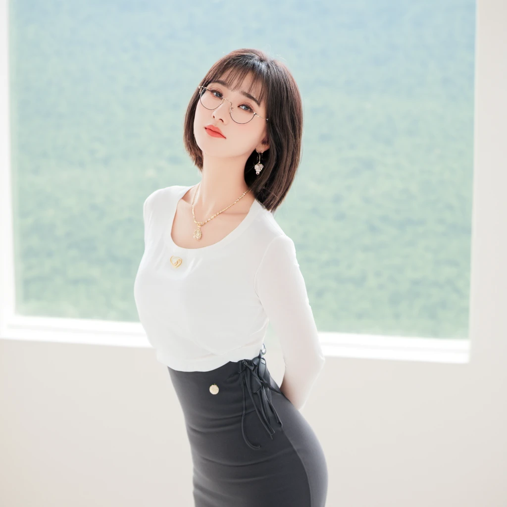 1girl, armpits, ass, black eyes, black hair, breasts, brown eyes, closed mouth, glasses, high-waist skirt, jewelry, large breasts, larissa, lips, long skirt, looking at viewer, reflection, round eyewear, shirt, short hair, skirt, solo, standing, unbuttoned, upper body, window, <lora:larissa-v2:1>, <lora:Fixhand:1>, <lora:Super_Skin_Detailer_By_Stable_Yogi_SD0_V1:1>
