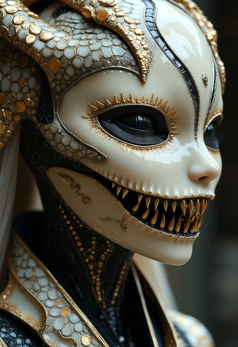 This image is a highly detailed, hyper-realistic CGI rendering of a futuristic, humanoid, and possibly snake entity. The creature's face is a striking blend of organic and mechanical elements. The skin is a smooth, creamy white color, adorned with intricate, gold, snake-like patterns that mimic the texture of snake scales. The face is elongated, with a prominent, elongated skull, and large, almond-shaped, black eyes with a glossy, almost mirror-like finish, giving an unsettling, inhuman appearance.
The creature's mouth is a grotesque display of sharp, elongated, gold-colored teeth, arranged in a wide, menacing grin with fangs, with a hint of mechanical precision in their arrangement.