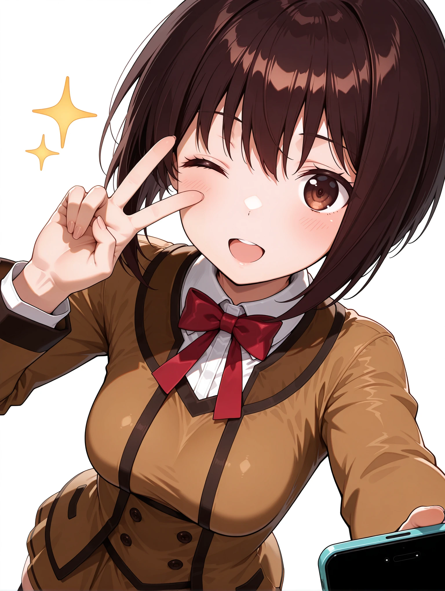 masterpiece,best quality,amazing quality,1girl,solo,
<lora:s_itsuri_ilxl_v1.4:1>,itsuri,black hair,brown eyes,i_clothes,light brown dress,red ribbon,blazer,long_sleeves,bowtie,skirt,black_thighhighs,
<lora:Fixhands_anime_bdsqlsz_V1:1>,face_focus,(reaching towards viewer:1.2),outstretched arm,(holding Smartphones:1.2),open mouth,front view,upper_body,light_blush,looking_up,panorama,:d,looking_at_Smartphones,holding Smartphones,reaching towards viewer,Smartphones,self -portrait,blush,one eye closed,sparkle,blush,face_focus,bokeh,dynamic_angle,cinematic_angle,dutch angle,foreshortening,fisheye,white_background,simple_background,v over eye,embarrass,
