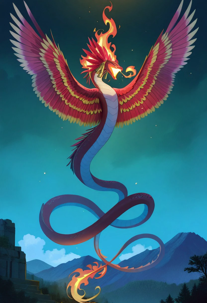 masterpiece, best quality, newest, absurdres, highres, anime, anime style, vintage anime, 90s anime, Coatl-IL-V1.0, Coatl, snake, serpent, winged snake, winged serpent, wings, feathered wings, feathers, fire, fire breath, red serpent, red scales, white feather