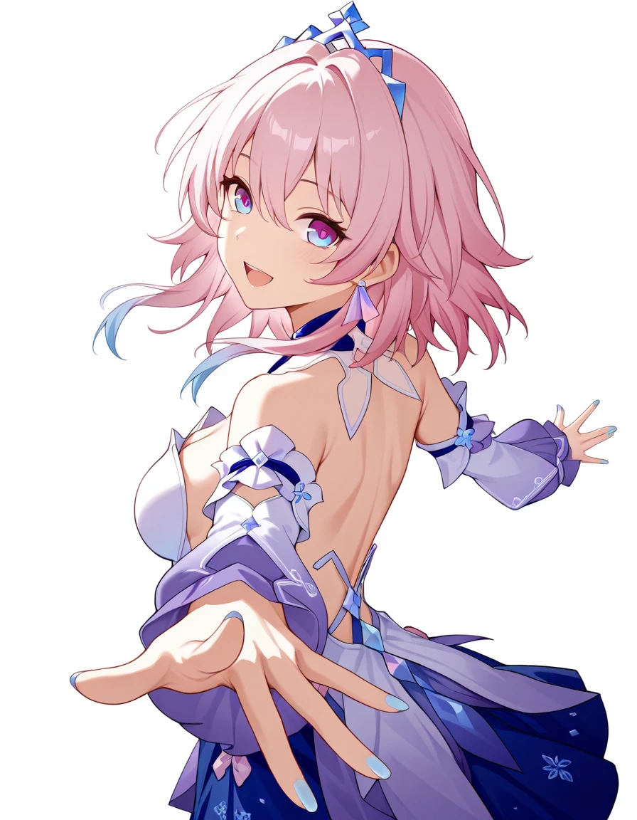 (masterpiece), (best quality), (ultra-detailed), NascentSpring, pink hair, blue eyes, purple eyes, multicolored eyes, NS_dress, NS_skirt, NS_tiara, bare shoulders, NS_detached_sleeves, 1girl, solo, looking at viewer, simple background, white background, cleavage, (((detailed face))), (((detailed fingers))), smile, reaching, open mouth, from behind, backless dress, looking back, outstretched arms, blue nail, nail polish, illustration, disheveled hair, detailed eyes, perfect composition, moist skin, intricate details, earrings, Volumetric Lighting, NascentSpring, pink hair, blue eyes, purple eyes, multicolored eyes, NS_dress, NS_skirt, NS_tiara, bare shoulders, NS_detached_sleeves, 1girl, solo, looking at viewer, simple background, white background, cleavage, (((detailed face))), (((detailed fingers))), smile, reaching, open mouth, from behind, backless dress, looking back, outstretched arms, blue nail, nail polish, light depth, dramatic atmospheric lighting, Volumetric Lighting