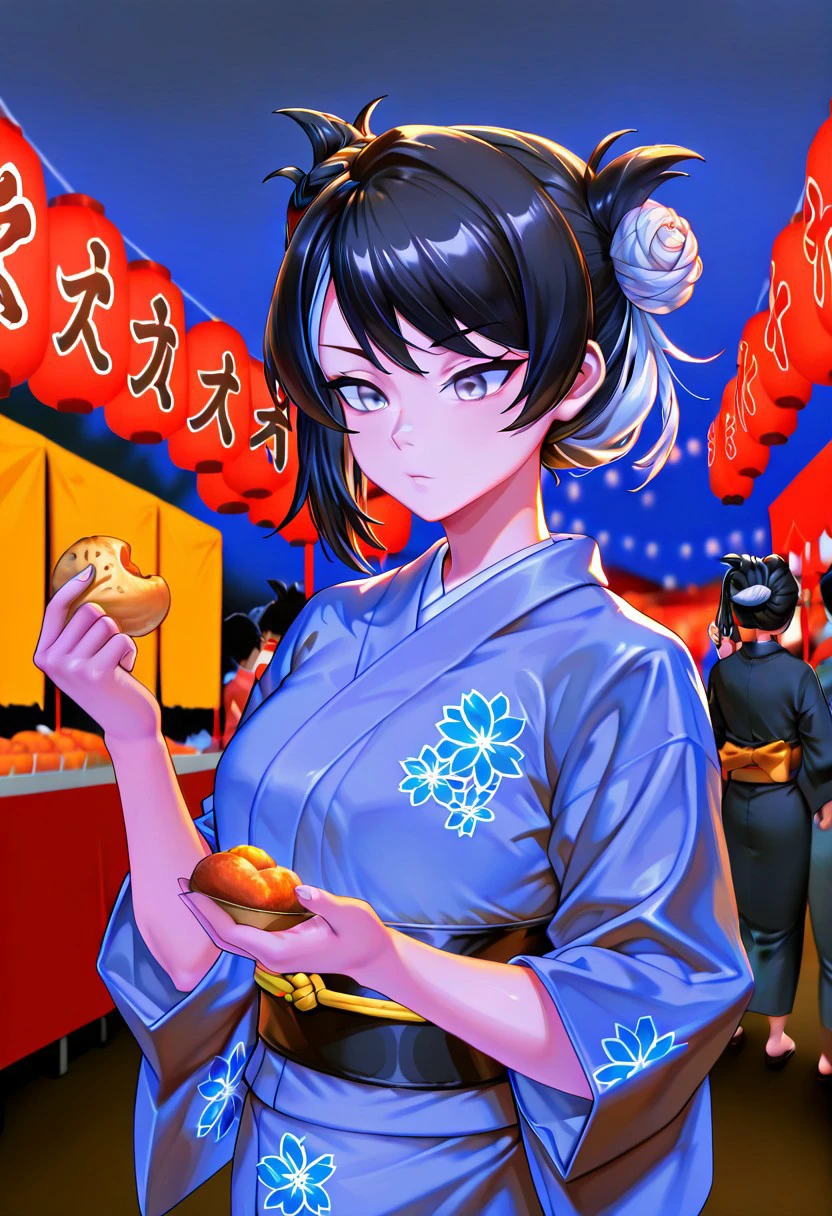 absurdres, 4k res, high quality, score_7_and_above, 1girl, solo, masterpiece,, dtamer, hair bun, black hair, multicolored hair, side ponytail, gray eyes, kimono, festival, blurry background, nightime, hair in a bun, food in hand, freebos_smoothiestyle