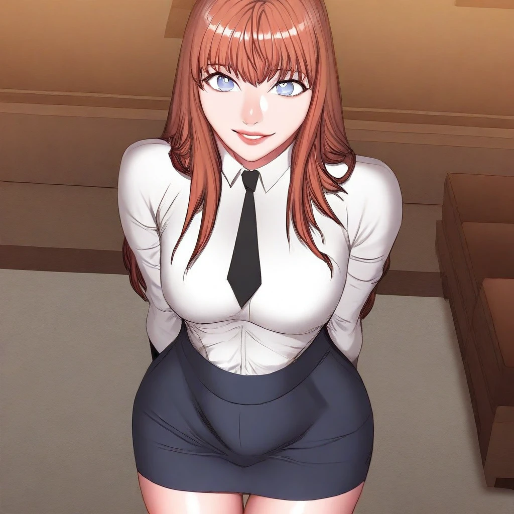 score_9, score_8_up, score_7_up, ASCII masterpiece, source_anime, BREAK, 1girl, solo, (( <lora:yeo-jeong:1> , yeo-jeong, thin waist, normal hips, beautiful skin, beautiful blue eyes, clear eyes, bright pupils, beautiful eyes, beautiful orange hair, beautiful long hair, bangs, medium breasts, natural beauty, extraordinary beautiful woman, attractive woman, super sexy woman, lustful body, sexy woman with seductive obscene body, sensual body, voluptuous body, sexy beauty, no piercings, no piercing, )) , makeup, ((formal, long-sleeves white shirt, black tie, navy blue pencil skirt, )) , indoors, shiny clothes, shiny skin, night club, erotic bar, classy decorations, cowboy shot, from above, looking at viewer, hands behind back, (detailed face, detailed eyes), delicate features, soft lighting, seducative smile, cute and sexy, very detailed, high detailed texture, uncensored, rare view,