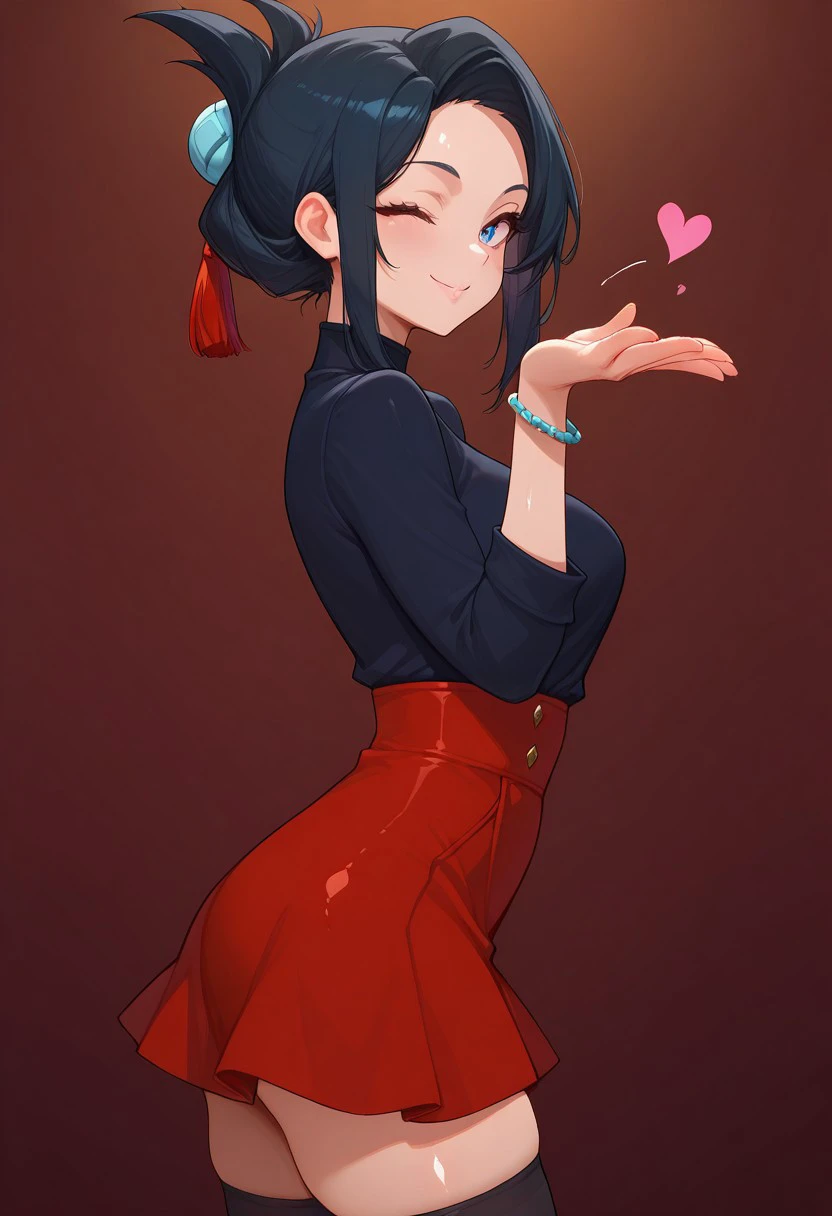 masterpiece, best quality, 1girl, solo, beautiful eyes, dtamer, black hair, hair bun, blue eyes, black shirt, bracelet, high-waist skirt, red skirt, black thighhighs, <lora:SerenaPokemonIXL_v2:1.0>, , upper body, side view, smile, looking at viewer, shiny skin, blowing kiss, wink, cheesy smile, freebos_smoothiestyle