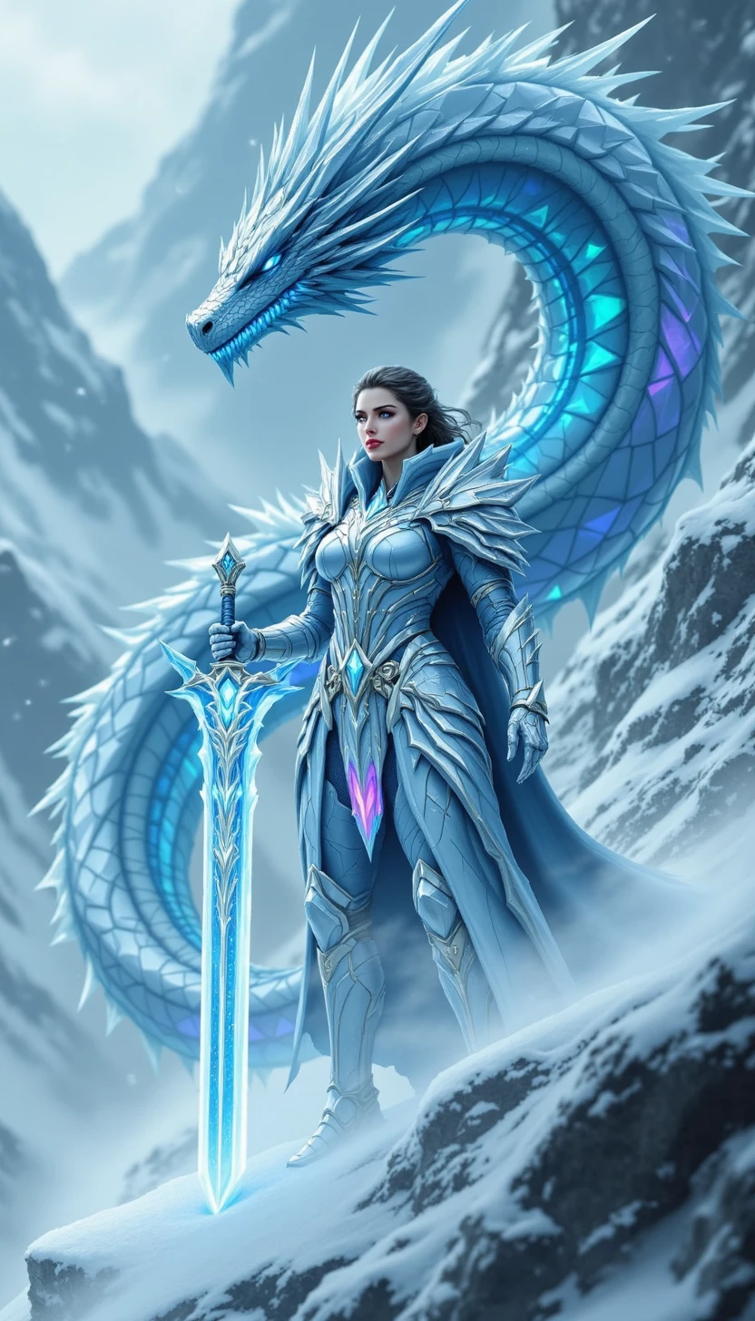 pinkfluxproultrafantasia,
A warrior woman clad in silvery-blue scale armor, standing firm on a glacier cliff with a massive ice sword embedded in the ground before her. Behind her, a towering ice dragon with scales reflecting rainbow light curls protectively. Snowflakes whip around in a dramatic blizzard.