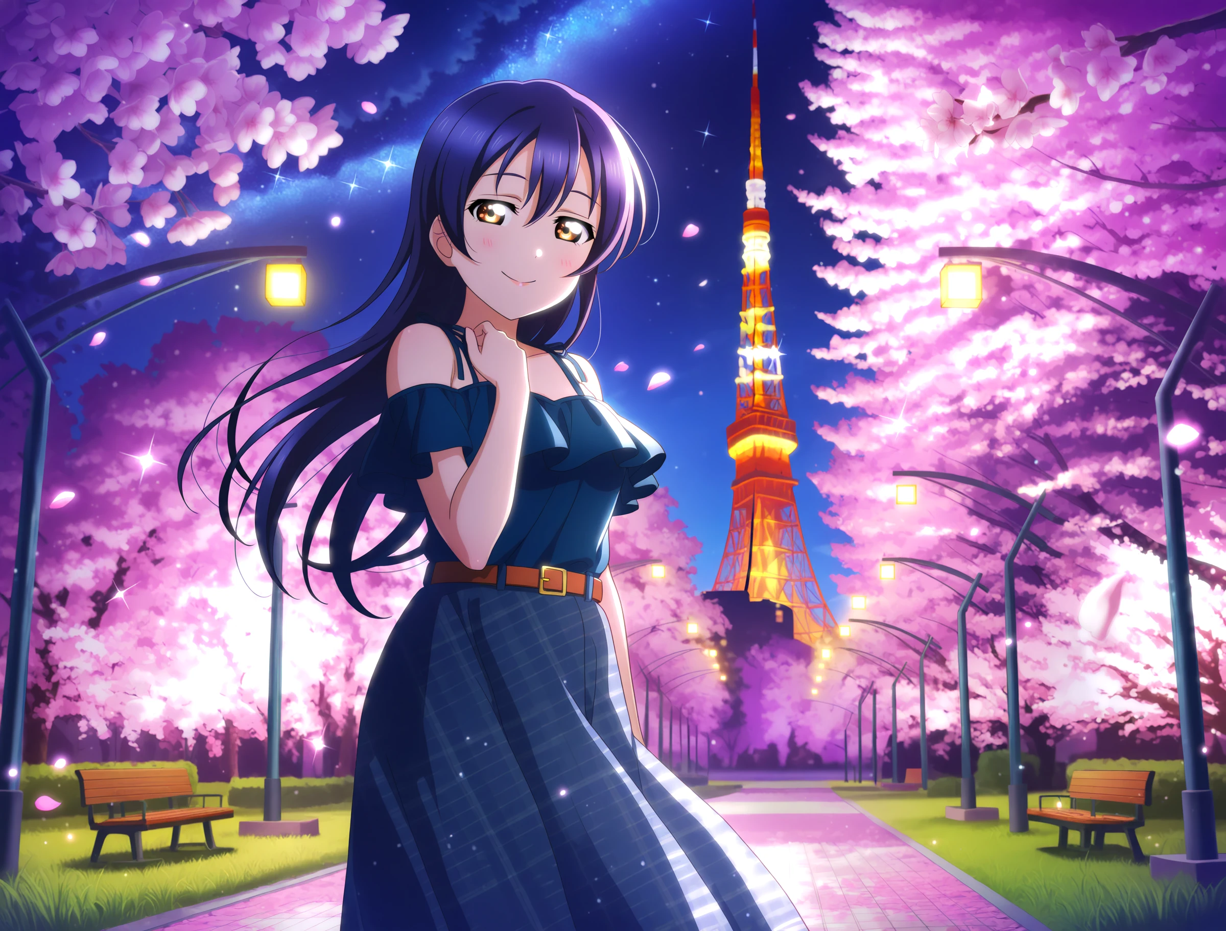 <lora:Koto-Umi-Riko-Shizu-Setsu-LLAS-IllustriousXLV01-V1:0.5> <lora:Koto-Umi-Riko-Shizu-Setsu-LLAS-NoobAIXLV11-V1:0.5> <lora:sdxl-boldline:-0.8> <lora:il_saturation_slider_d1:-0.2>
<lora:Shibakoen-IllustriousXLV01-V1:1>
(llas:1.2), (masterpiece, very aesthetic, absurdres, very awa:1.2), best quality, highres, newest, perfect anatomy, perfect lighting, anime coloring, anime screenshot BREAK
sparkle, light particles, depth of field BREAK
1girl, solo, looking at viewer, cowboy shot BREAK
sonoda umi BREAK
big pupils, (detailed eyes:1.2), large breasts, lips, smile, closed mouth BREAK
blue dress, off-shoulder dress, bare shoulders, belt, blue skirt, (plaid skirt), long skirt BREAK
shibakoen, (tokyotower:1.2), road, grass, tree, bench, lamppost, night, night sky, starry sky, light, lights, cherry blossoms, falling petals