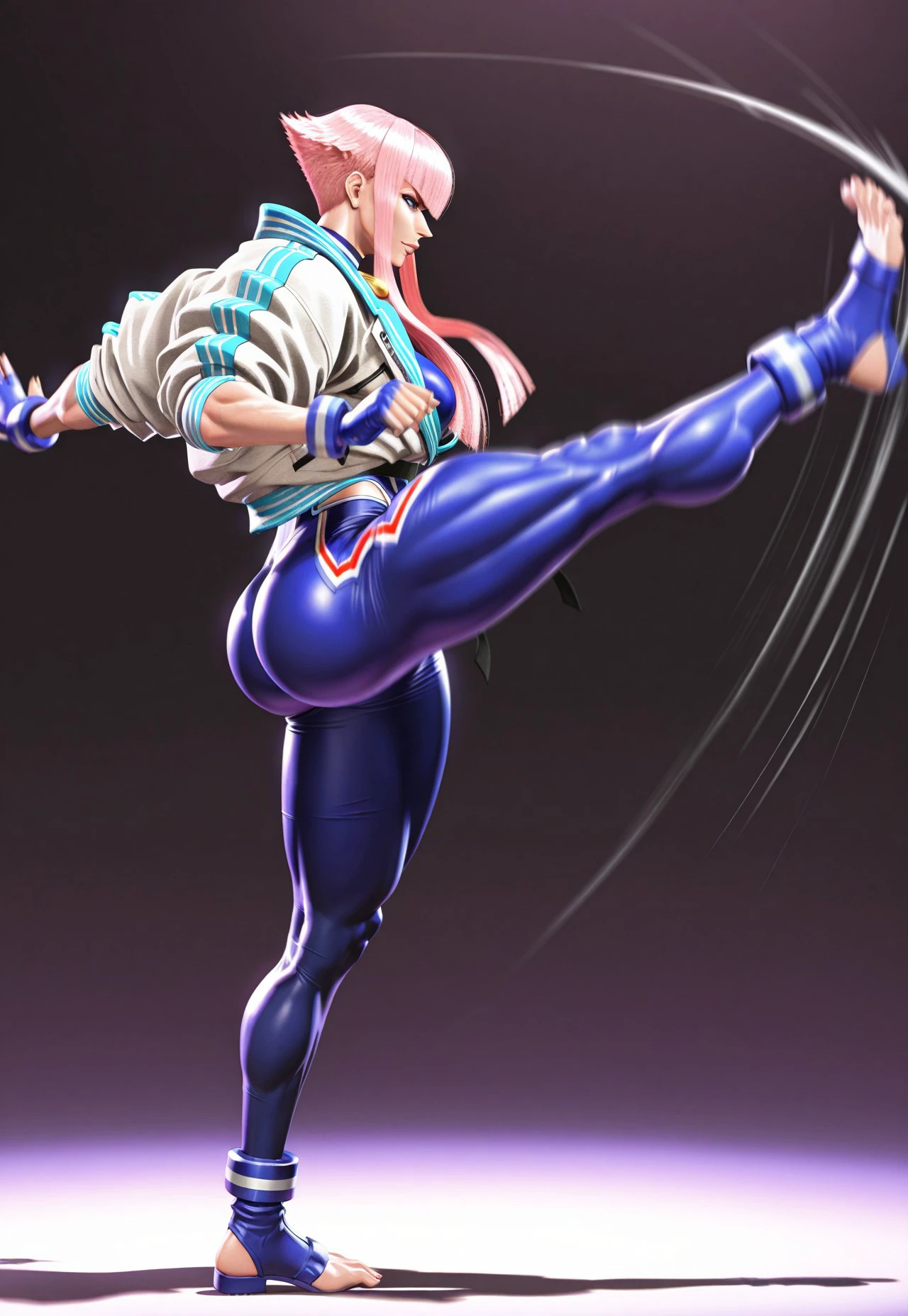 safe_pos, masterpiece, best quality, 32k, high resolution, absurdres, 3D, manon legrand, solo, kicking, lips, ass, toeless footwear, jacket, toned, jewelry, from side, motion blur, muscular female