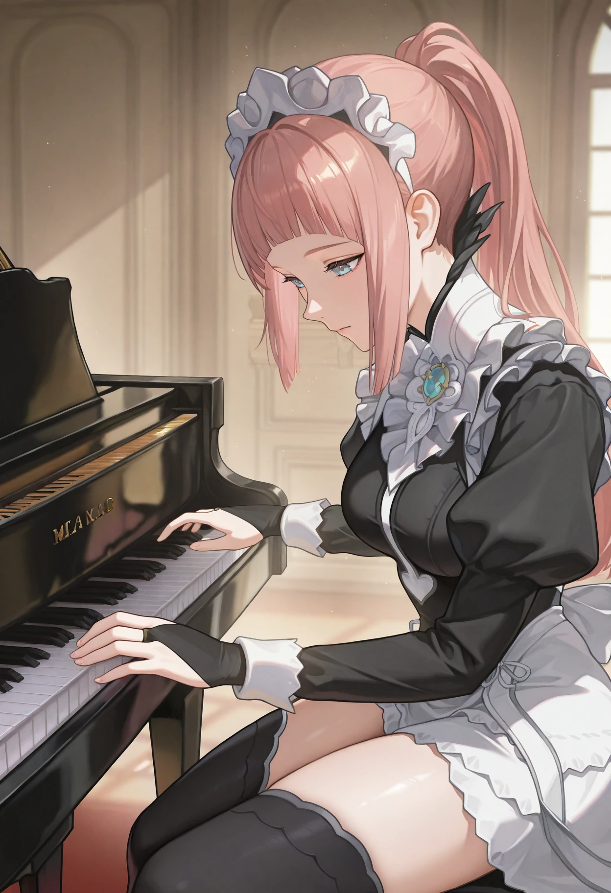 masterpiece, best quality, absurdres, highres, newest, 1girl, solo, <lora:grandpiano-concept-richy-v1_ixl:1> grand piano, sitting, playing piano, <lora:felicia-fe-richy-v1_ixl:1> f1cdf, blue eyes, pink hair, long hair, ponytail, sidelocks, blunt bangs, maid headdress, black feathered collar, blue brooch, medium breasts, maid, juliet sleeves, maid apron, bridal gauntlets, black thighhighs, thighs, indoors,