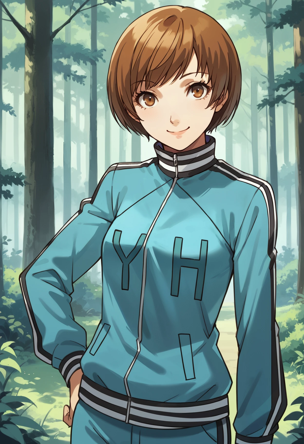 score_9, score_8_up, source_anime
1 girl, solo, cute face,
p4chie, satonaka chie, short hair, brown hair,
p4chie-track, long sleeves, track jacket, track suit, track pants, striped collar, striped sleeves, zipper, yh,
outdoors, forest, looking at viewer, smiling, hand on hip,
masterpiece, best quality, ultra detailed,