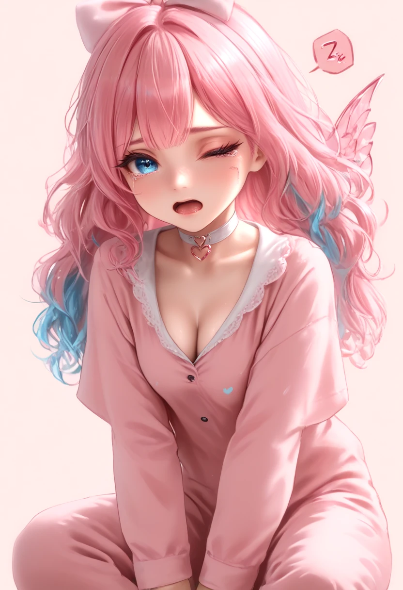 score_9,score_8_up,score_7_up,score_6_up,score_5_up,score_4_up,source_anime,full_details,1girl,blonde hair,blue bow,blue eyes,blue hair,bow,breasts,choker,cleavage,collarbone,fake wings,from side,hair bow,heart,heart choker,long hair,looking at viewer,multicolored hair,multiple hair bows,one eye closed,open mouth,pajamas,pale skin,pastel colors,pink background,pink hair,pink pajamas,pink wings,puffy short sleeves,puffy sleeves,purple bow,saliva,short sleeves,sitting,sleepy,small breasts,solo,speech bubble,spoken zzz,tears,two-tone background,wariza,wavy hair,white background,white bow,white choker,wings,zzz,