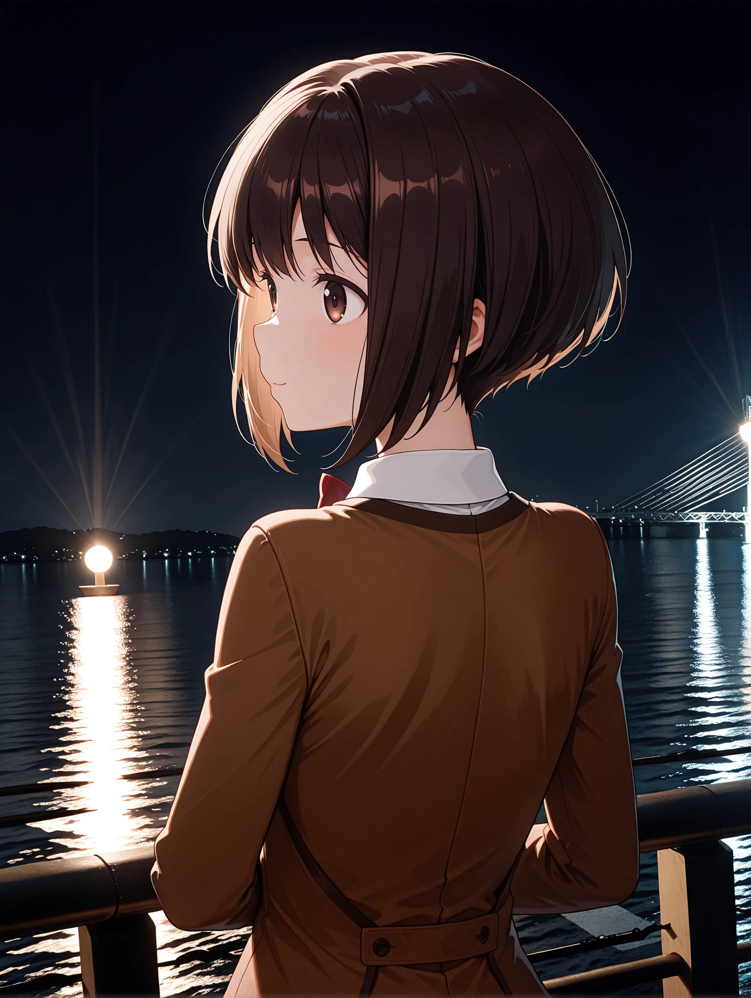 masterpiece,best quality,amazing quality,1girl,solo,
<lora:s_itsuri_ilxl_v1.4:1>,itsuri,black hair,brown eyes,i_clothes,light brown dress,red ribbon,blazer,long_sleeves,bowtie,
<lora:commercial_facility00_ilxl_v1:1>,c_f00,night,night sky,sky,bridge,ocean,dark,lamp,lamppost,railing,upper_body,light_blush,smile,looking ahead,from behind,looking_back,